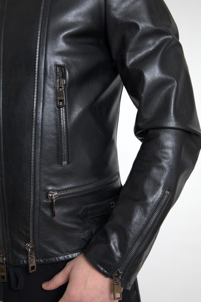 Dolce & Gabbana Black Leather Zipper Coat Men Jacket | Regal Royce