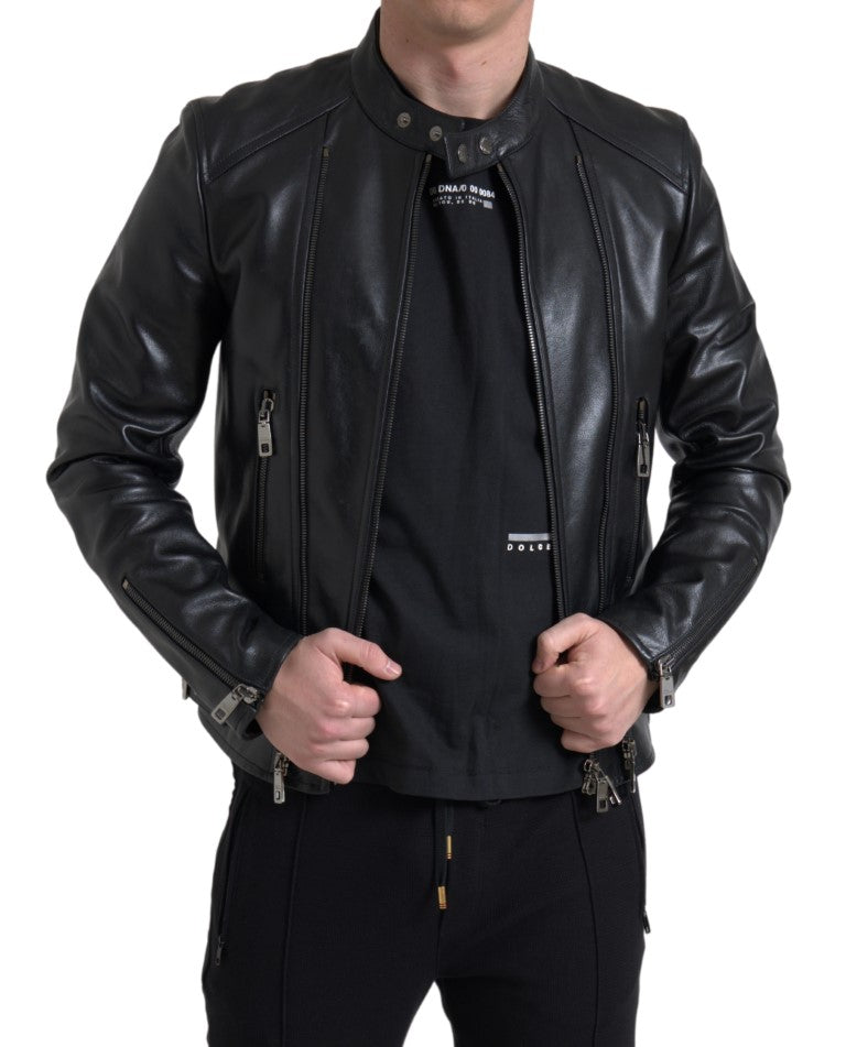 Dolce & Gabbana Black Leather Zipper Coat Men Jacket | Regal Royce