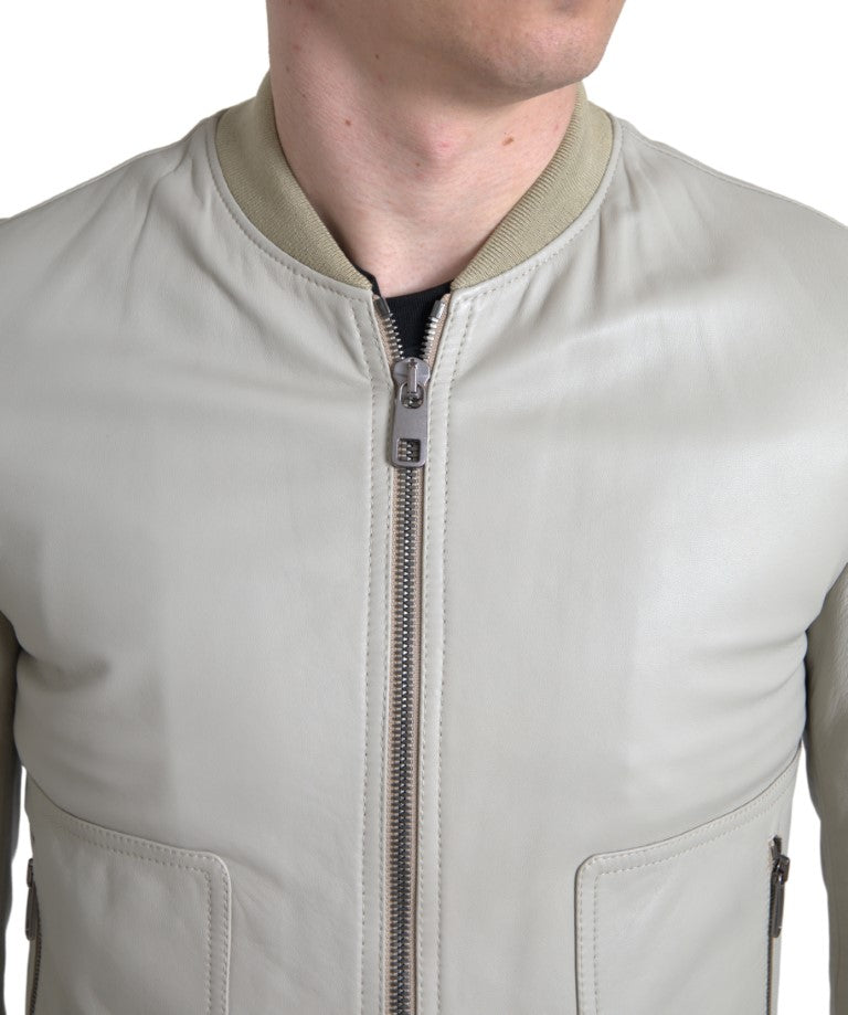 Dolce & Gabbana Cream Leather Bomber Blouson Full Zip Jacket | Regal Royce