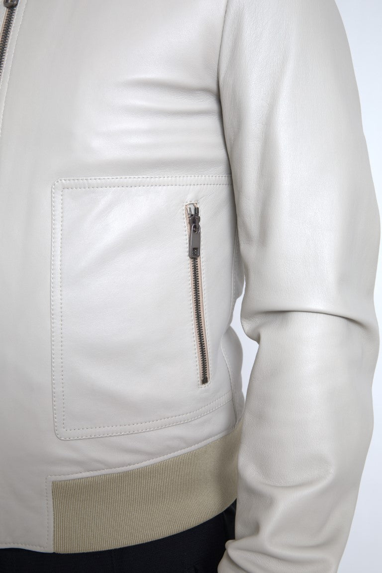 Dolce & Gabbana Cream Leather Bomber Blouson Full Zip Jacket | Regal Royce