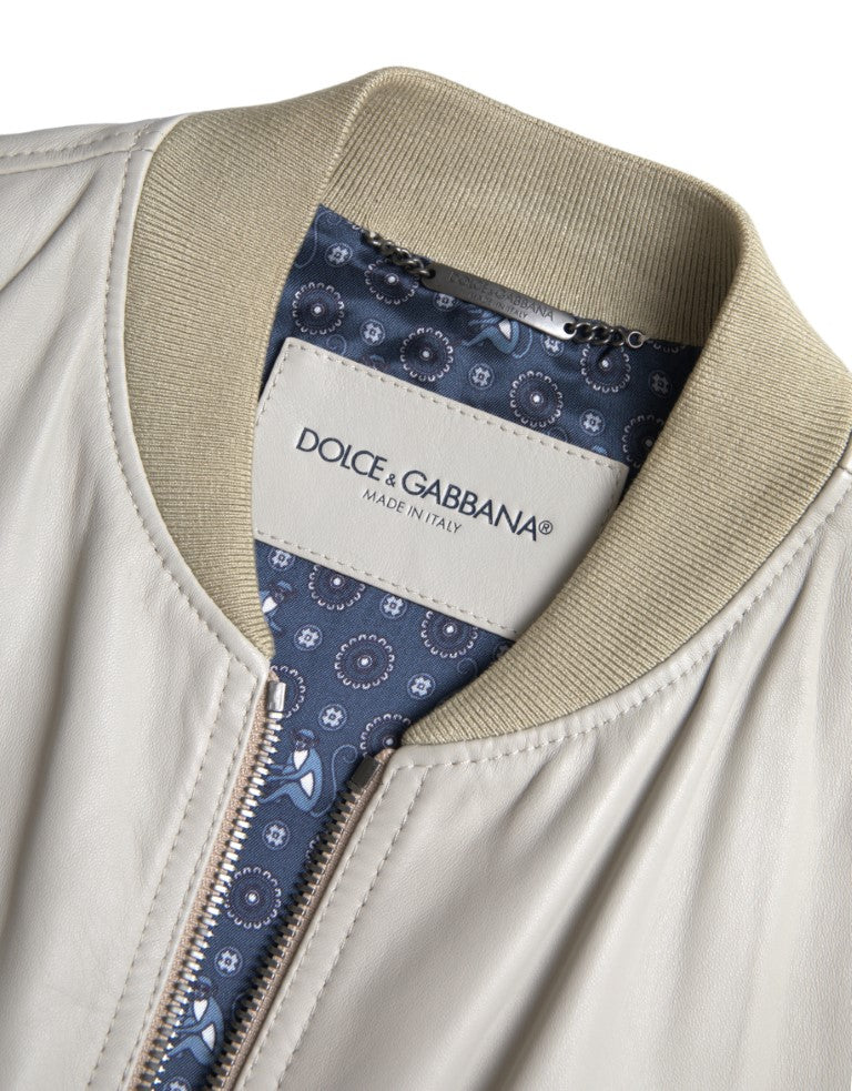Dolce & Gabbana Cream Leather Bomber Blouson Full Zip Jacket | Regal Royce