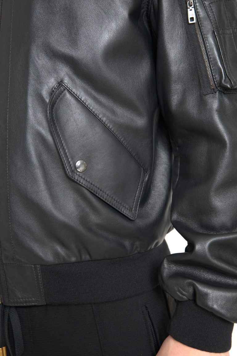 Dolce & Gabbana Black Leather Blouson Full Zip Bomber Jacket | Regal Royce