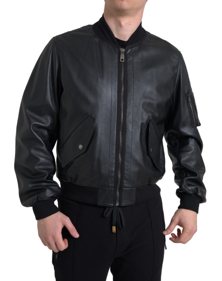 Dolce & Gabbana Black Leather Blouson Full Zip Bomber Jacket | Regal Royce
