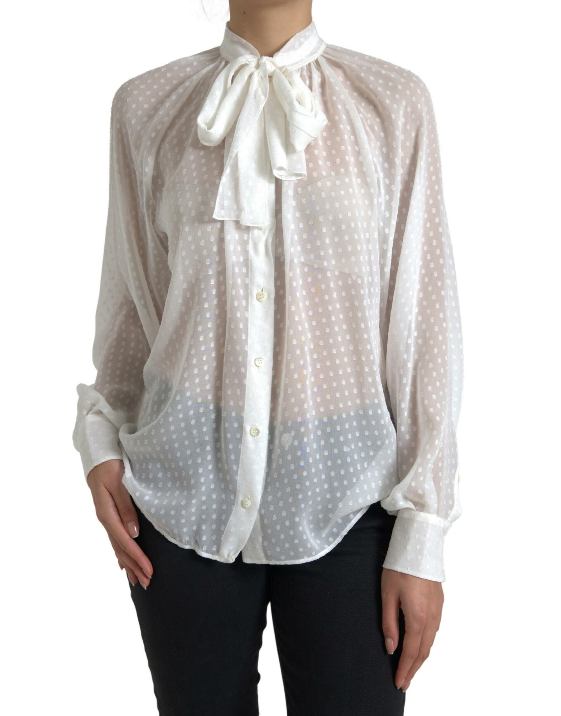 Dolce & Gabbana White Silk Sheer Tied Neck Polka Dots Blouse | Regal Royce