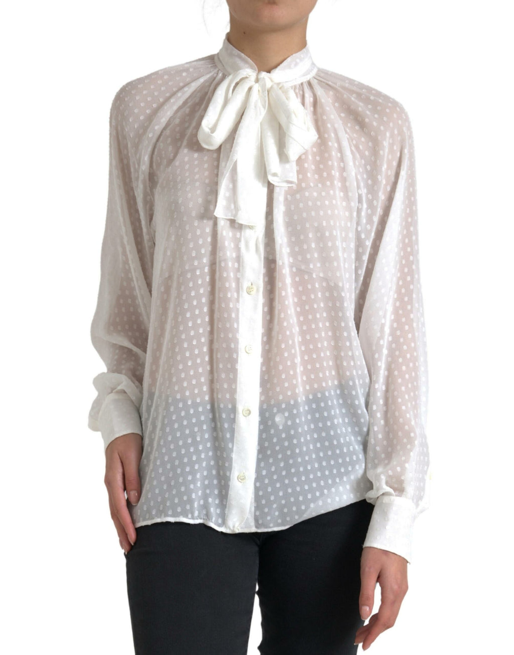 Dolce & Gabbana White Silk Sheer Tied Neck Polka Dots Blouse