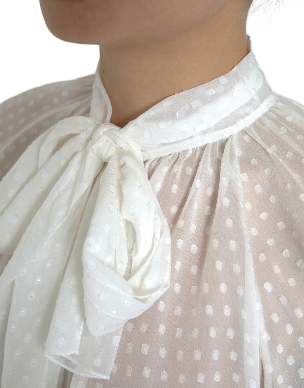 Dolce & Gabbana White Silk Sheer Tied Neck Polka Dots Blouse