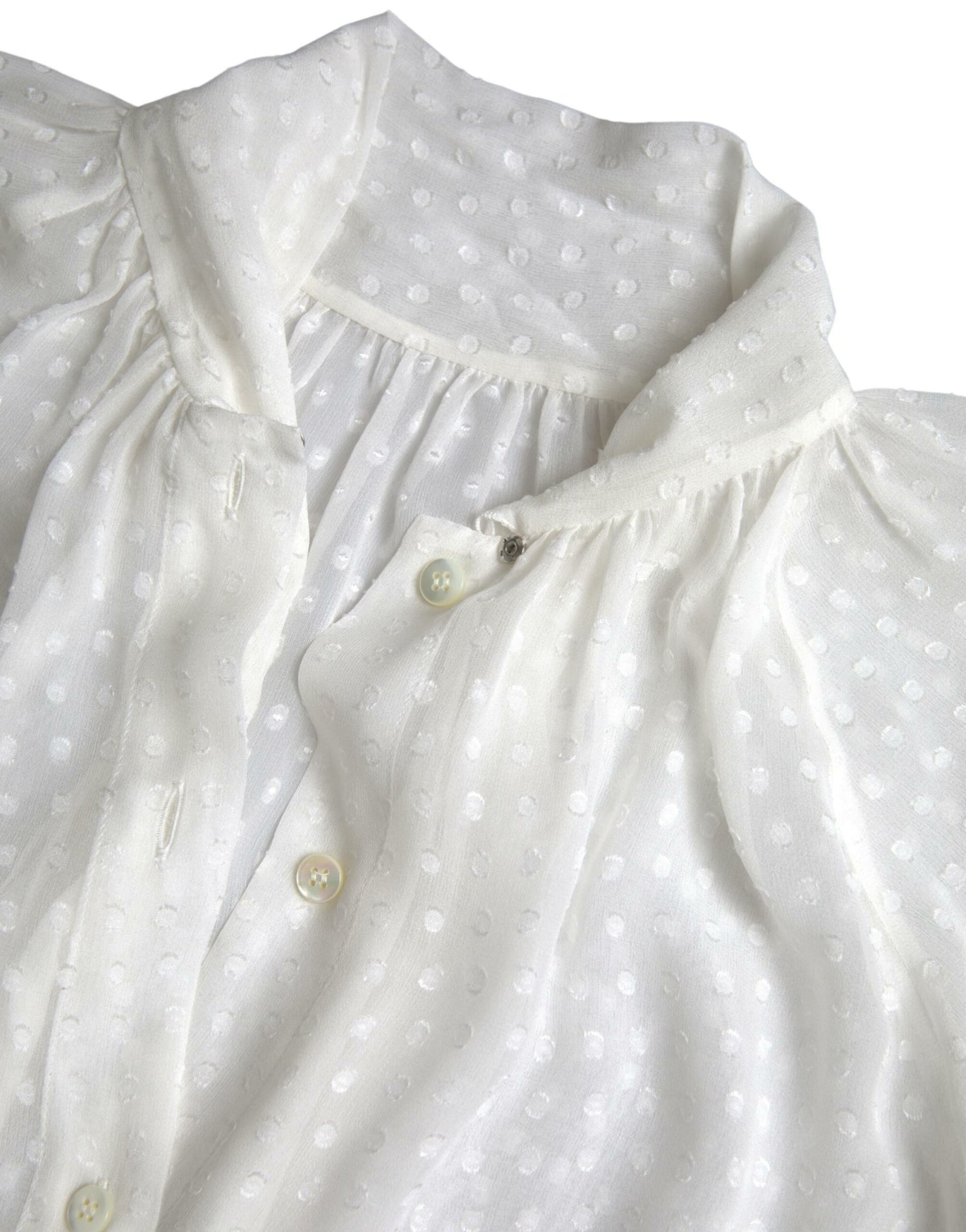 Dolce & Gabbana White Silk Sheer Tied Neck Polka Dots Blouse | Regal Royce