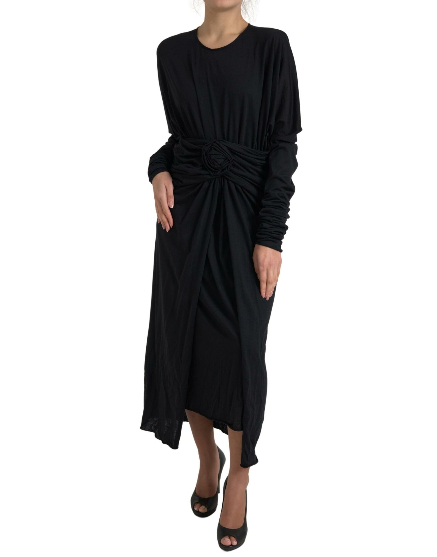 Dolce & Gabbana Black Wool Wrap Sheath Midi Gown Dress | Regal Royce