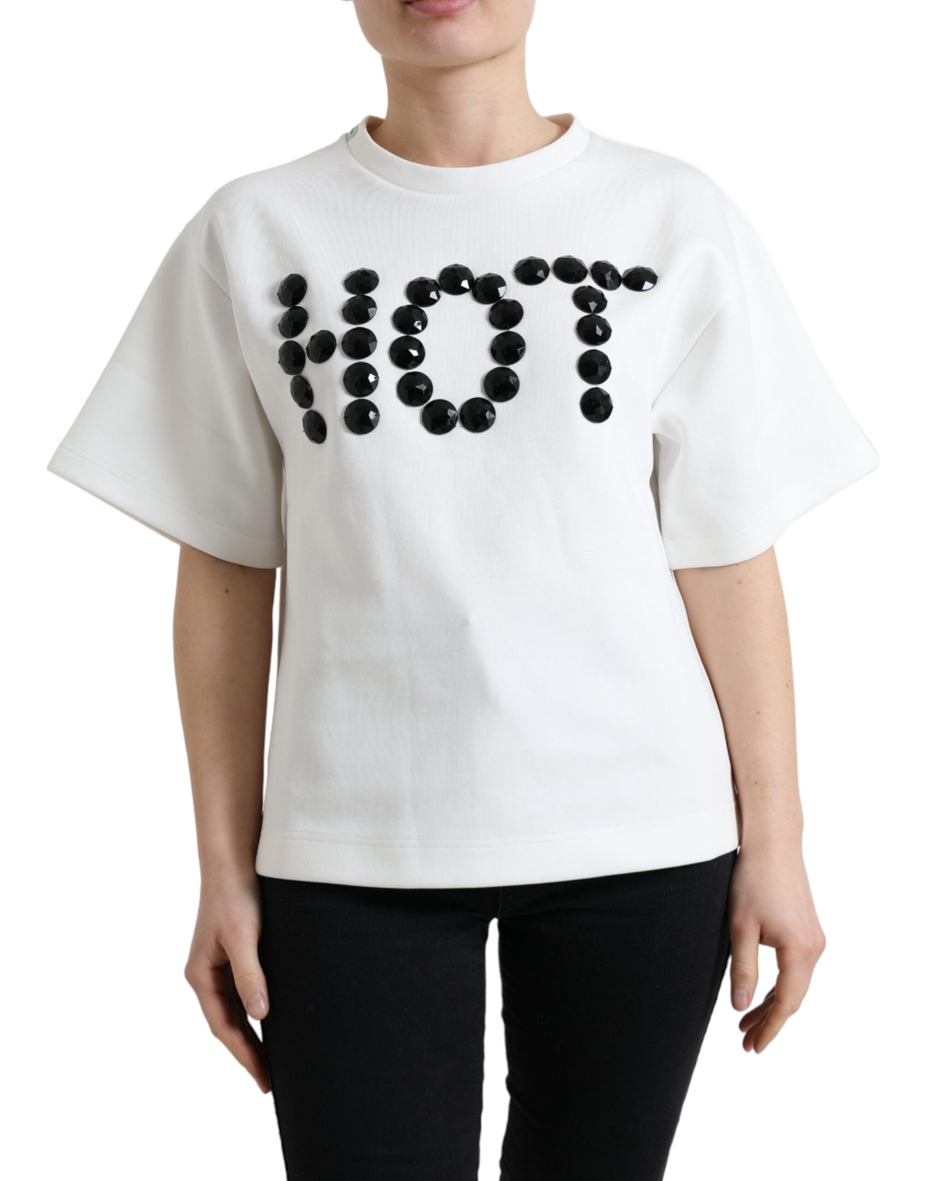 Dolce & Gabbana T-shirt White Cotton Stretch Black HOT Crystal | Regal Royce