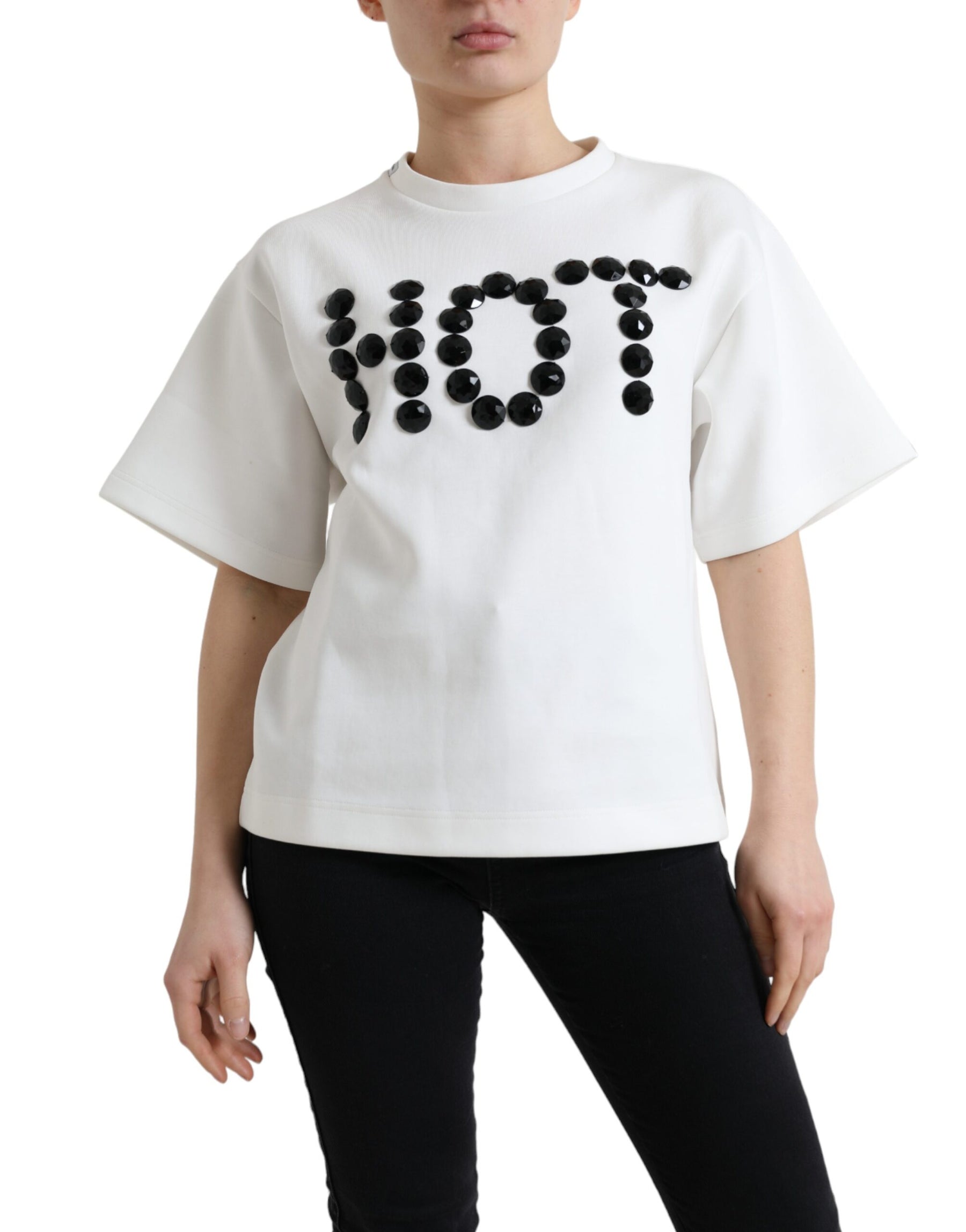 Dolce & Gabbana T-shirt White Cotton Stretch Black HOT Crystal | Regal Royce