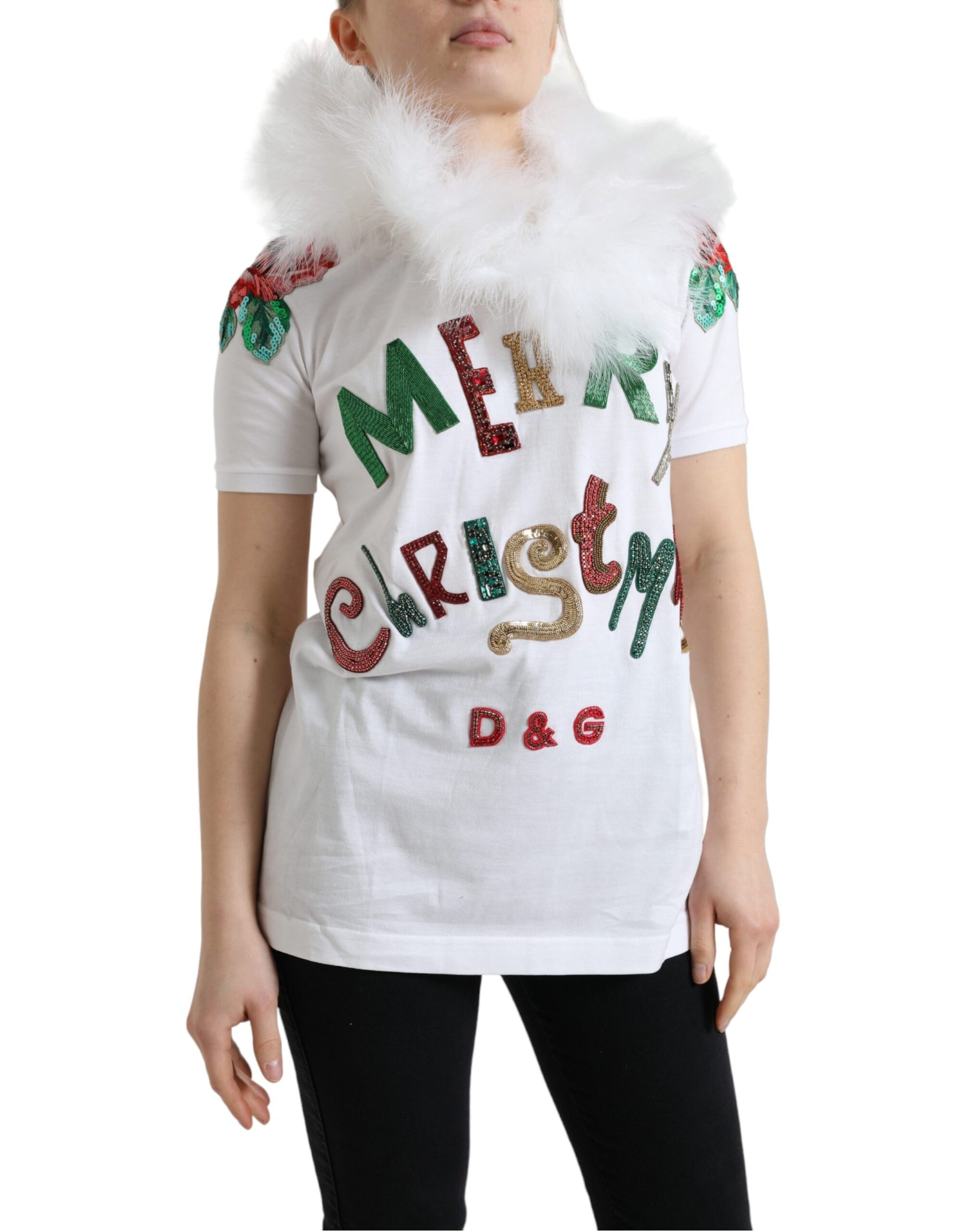 Dolce & Gabbana White Cotton Christmas Sequin Fur T-shirt | Regal Royce