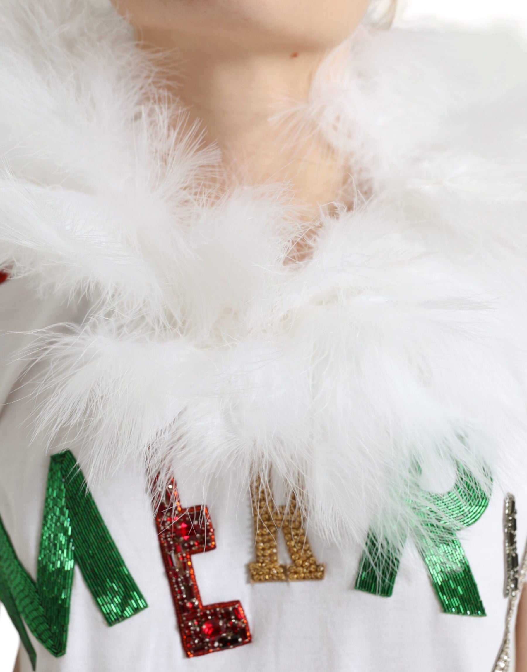 Dolce & Gabbana White Cotton Christmas Sequin Fur T-shirt | Regal Royce