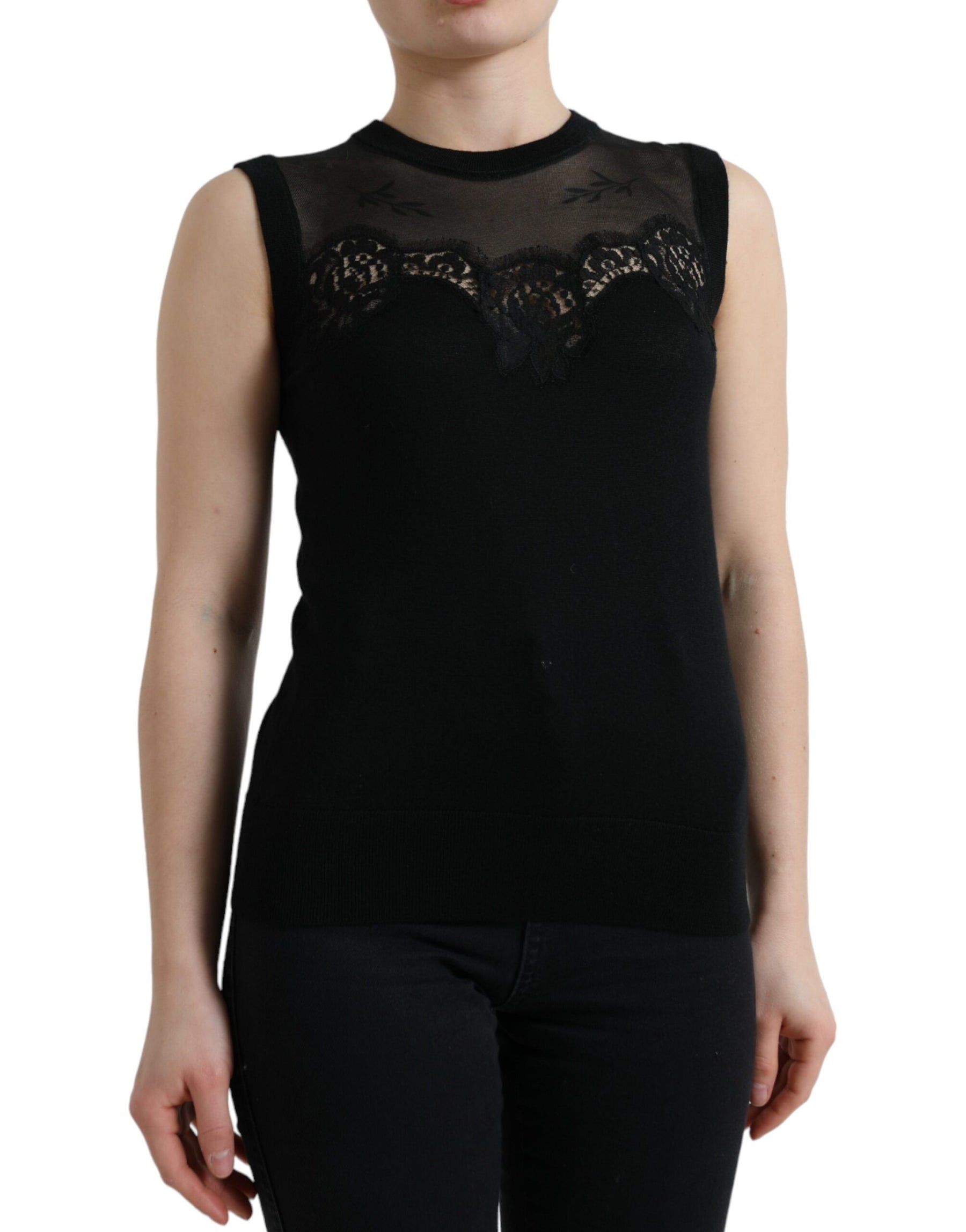 Dolce & Gabbana Black Cashmere Lace Trim Sleeveless Tank Top | Regal Royce