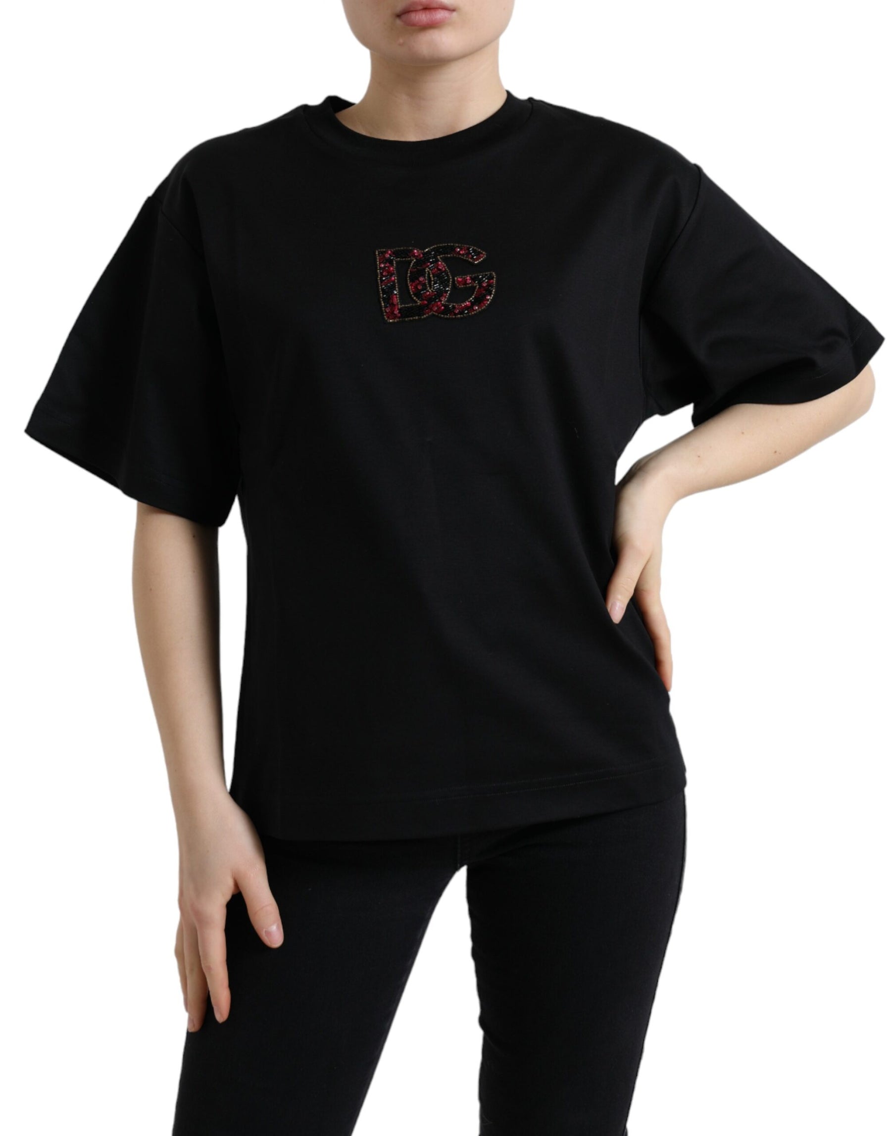 Dolce & Gabbana Black Cotton DG Crystal Crewneck Tee T-shirt | Regal Royce