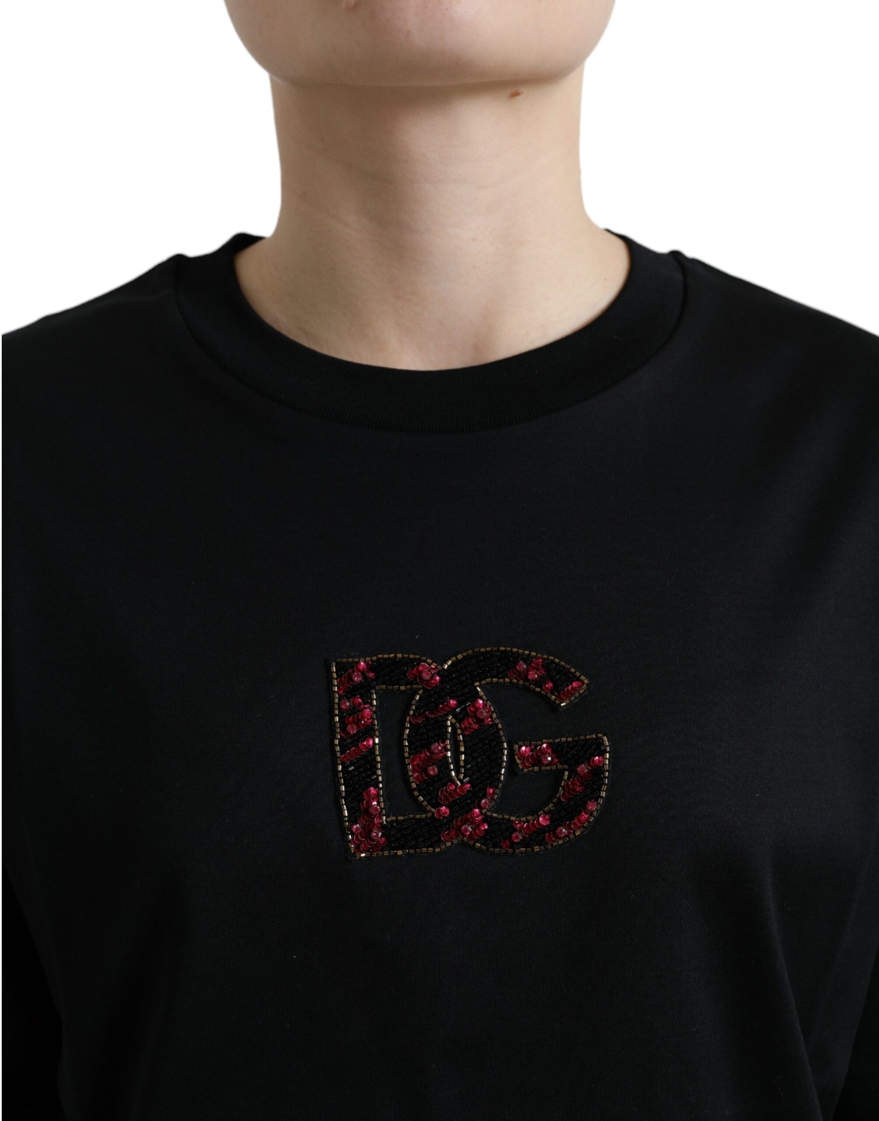 Dolce & Gabbana Black Cotton DG Crystal Crewneck Tee T-shirt | Regal Royce