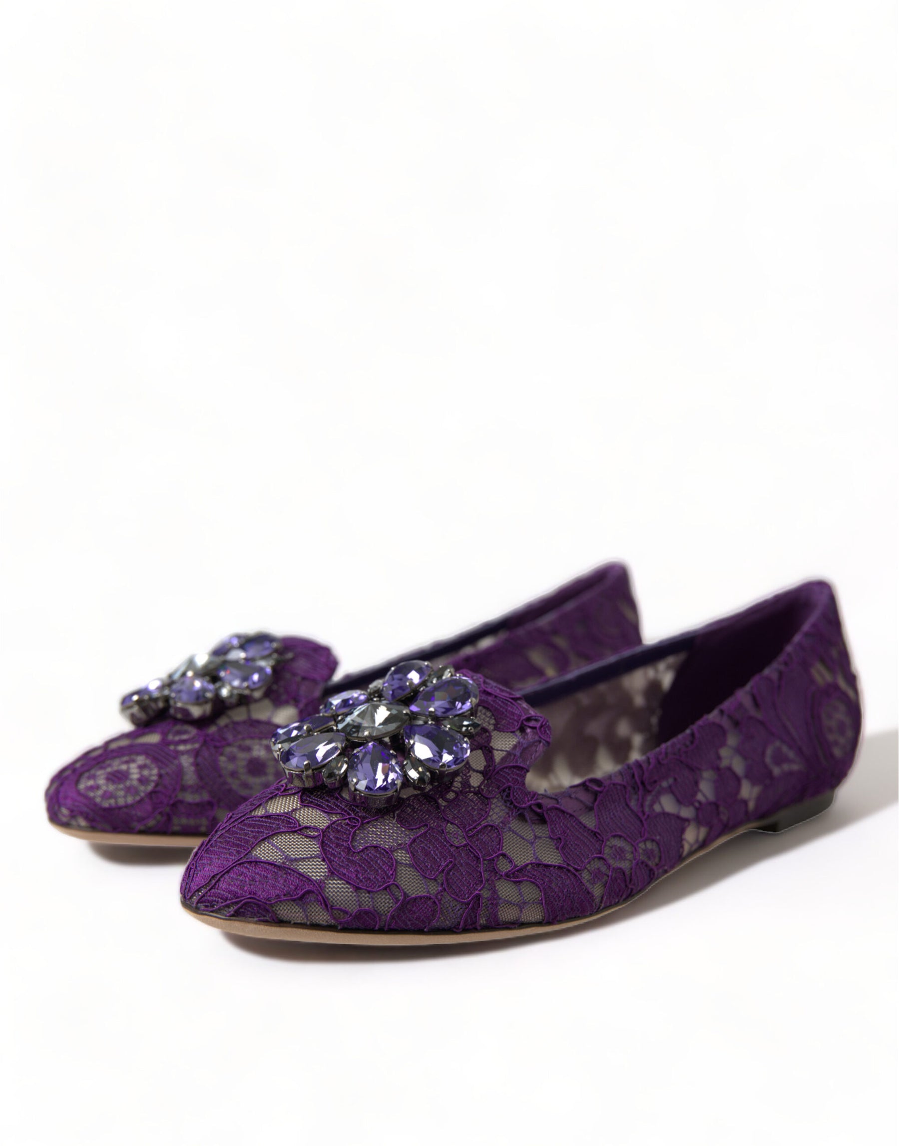 Dolce & Gabbana Purple Vally Taormina Lace Crystals Flats Shoes | Regal Royce