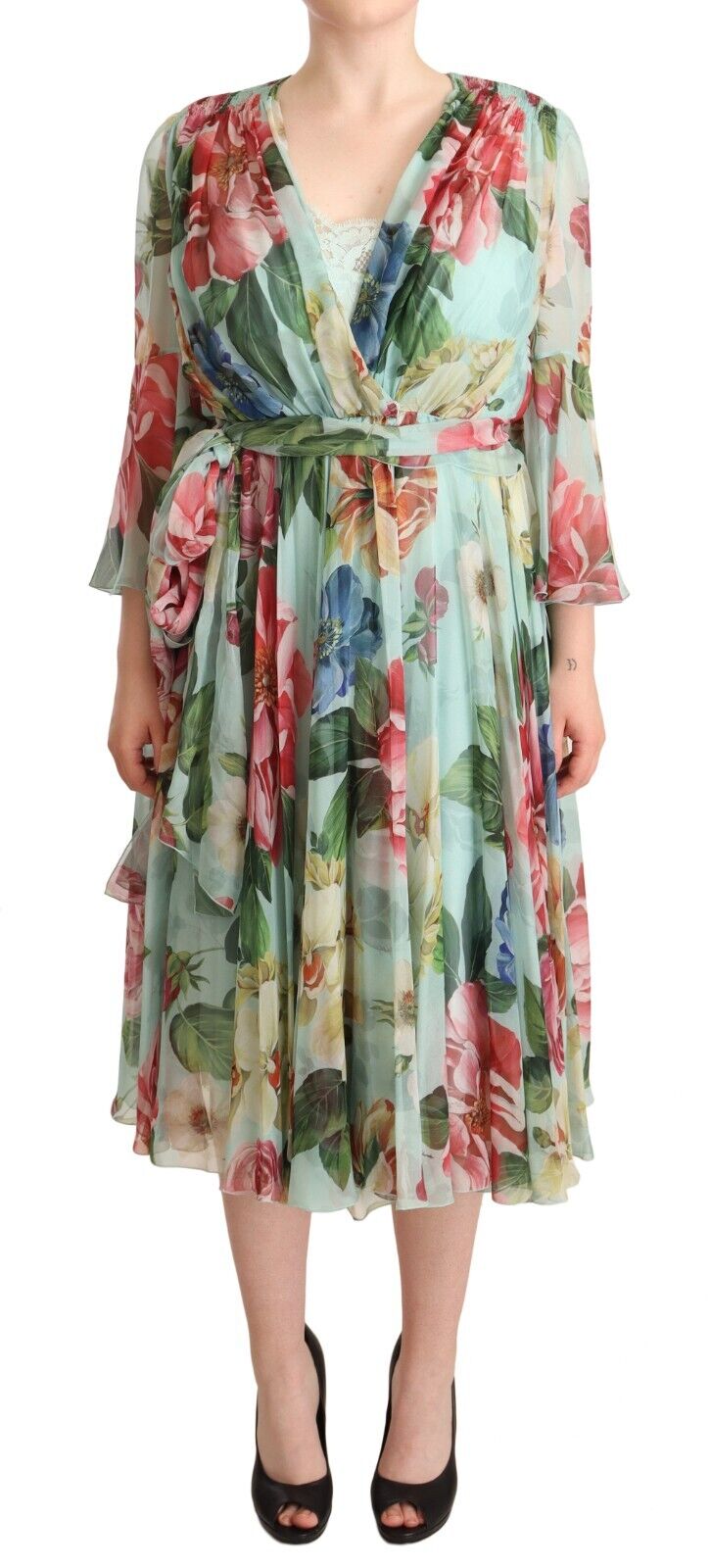 Dolce & Gabbana Multicolor Green Floral Silk Wrap Midi Dress | Regal Royce