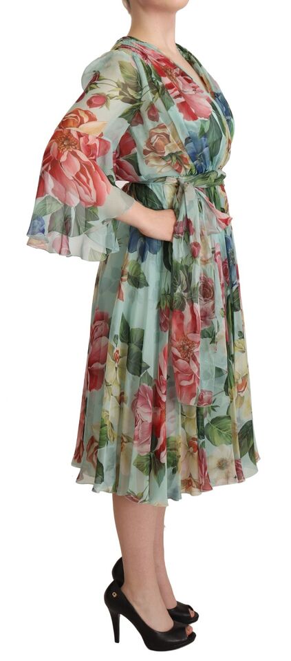Dolce & Gabbana Multicolor Green Floral Silk Wrap Midi Dress | Regal Royce