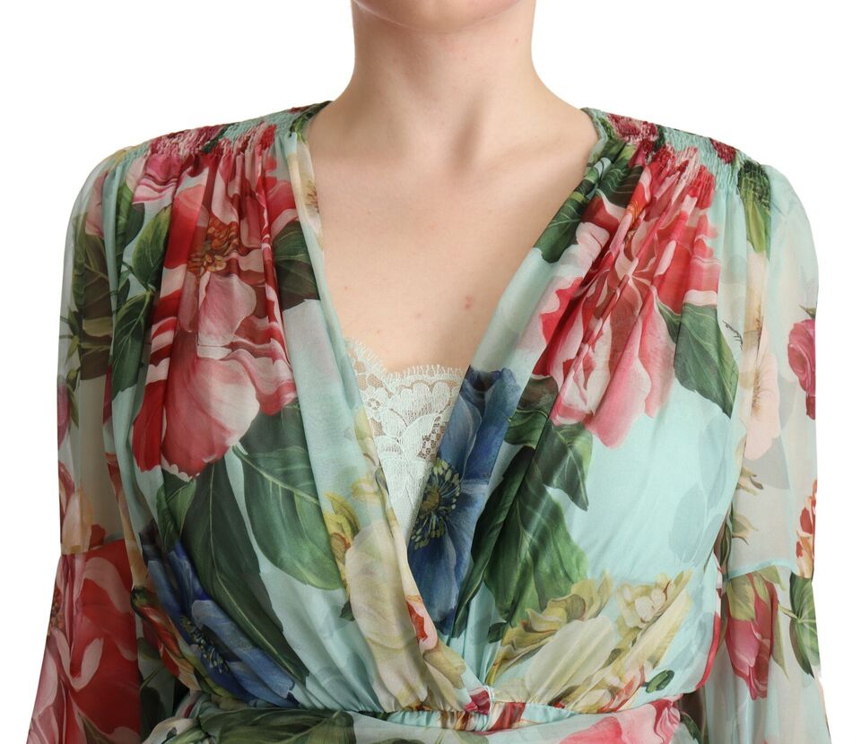 Dolce & Gabbana Multicolor Green Floral Silk Wrap Midi Dress | Regal Royce