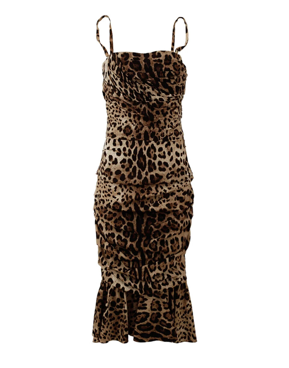 Dolce & Gabbana Brown Leopard Print Ruched Midi Dress | Regal Royce