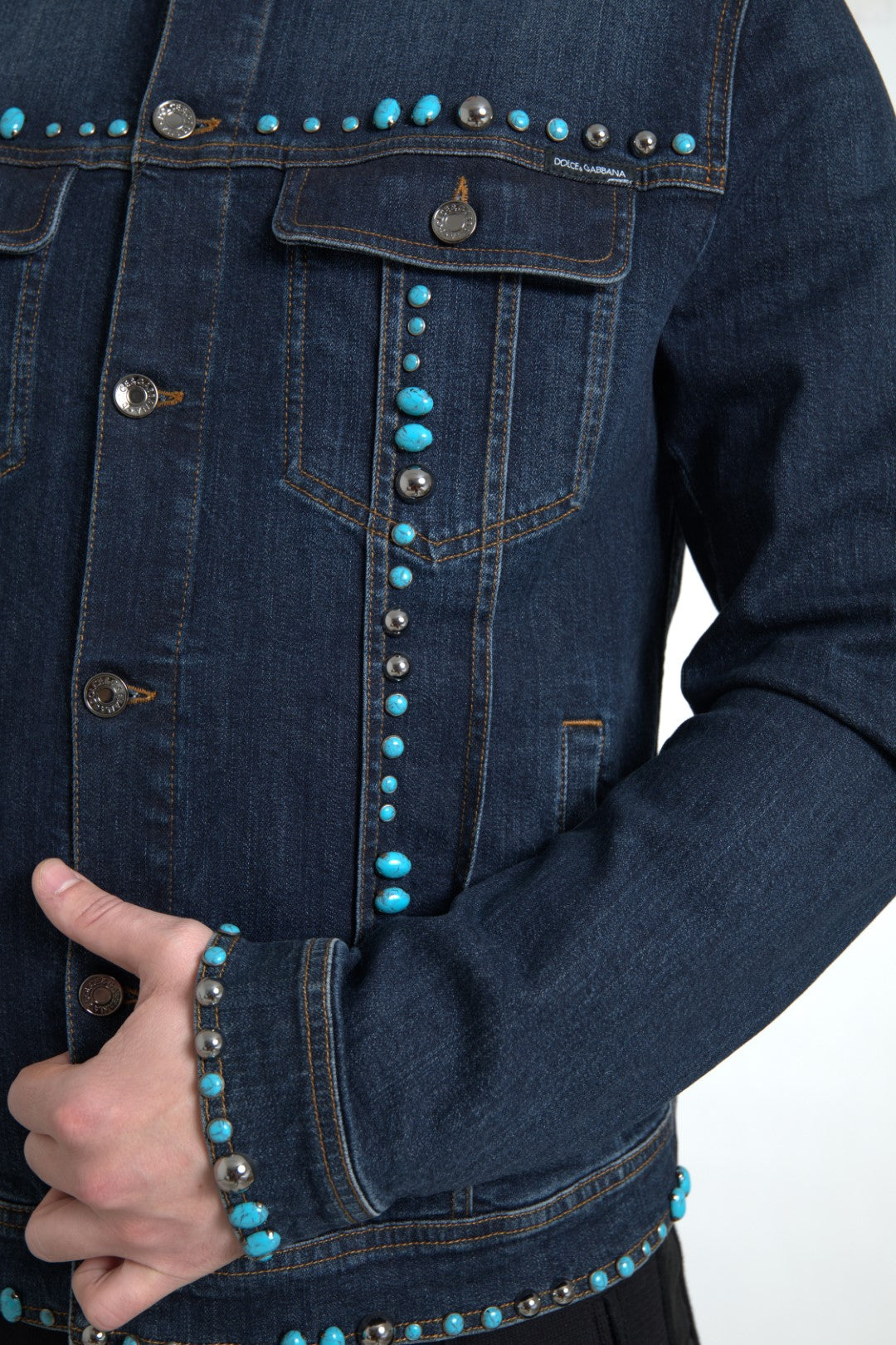 Dolce & Gabbana Blue Denim Turquoise Stones Studded Jacket | Regal Royce