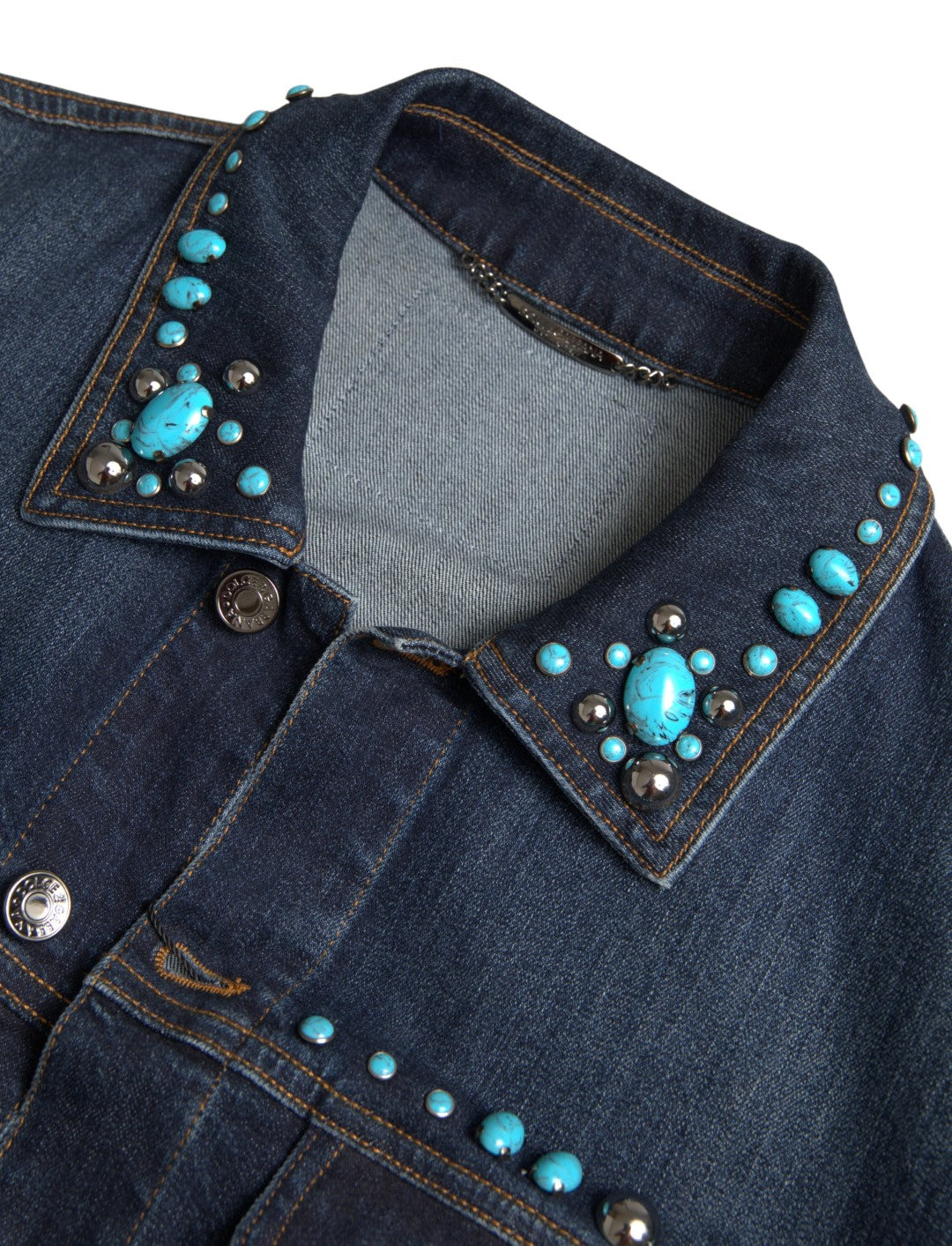Dolce & Gabbana Blue Denim Turquoise Stones Studded Jacket | Regal Royce