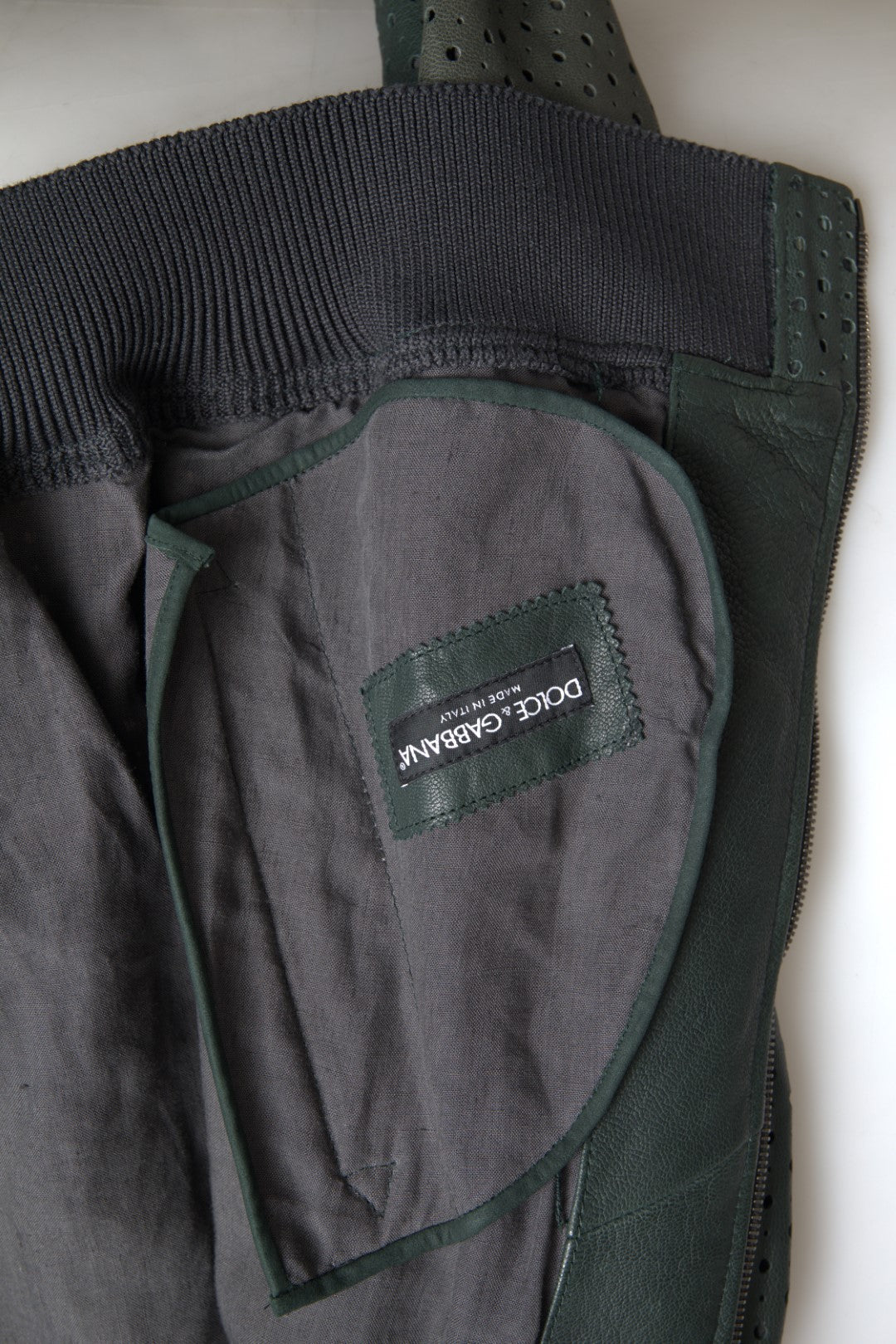 Dolce & Gabbana Green Perforated Leather Bomber Jacket | Regal Royce