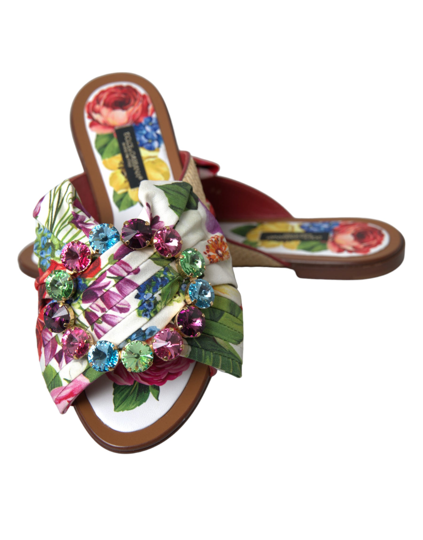 Dolce & Gabbana Multicolor Floral Flats Crystal Sandals Shoes | Regal Royce