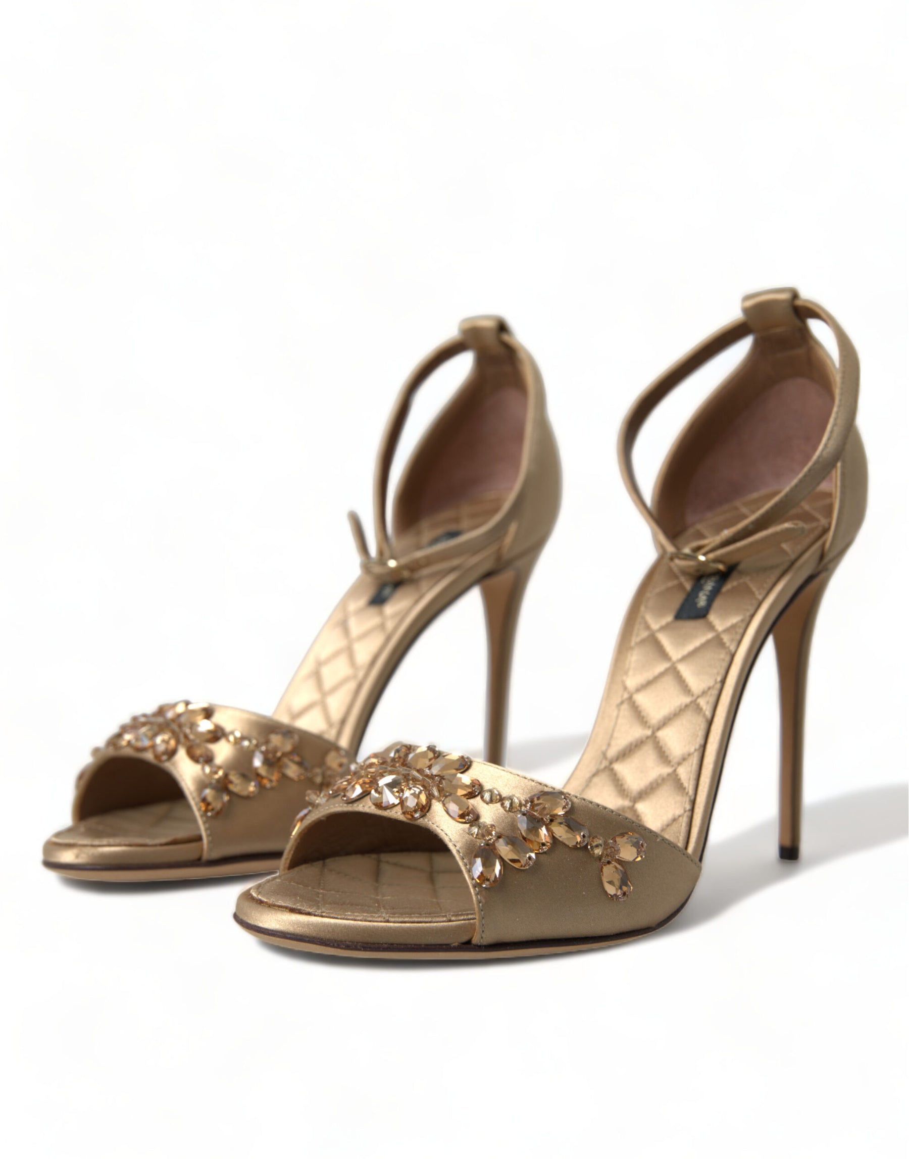 Dolce & Gabbana Gold Satin Ankle Strap Crystal Sandals Shoes | Regal Royce