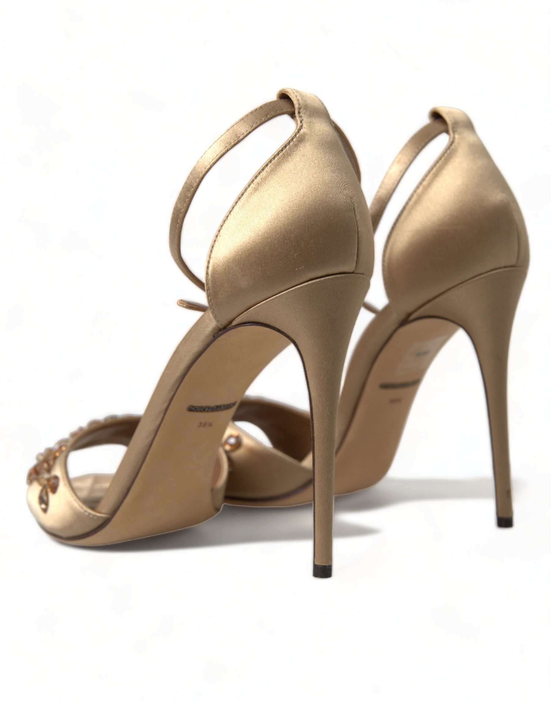 Dolce & Gabbana Gold Satin Ankle Strap Crystal Sandals Shoes | Regal Royce