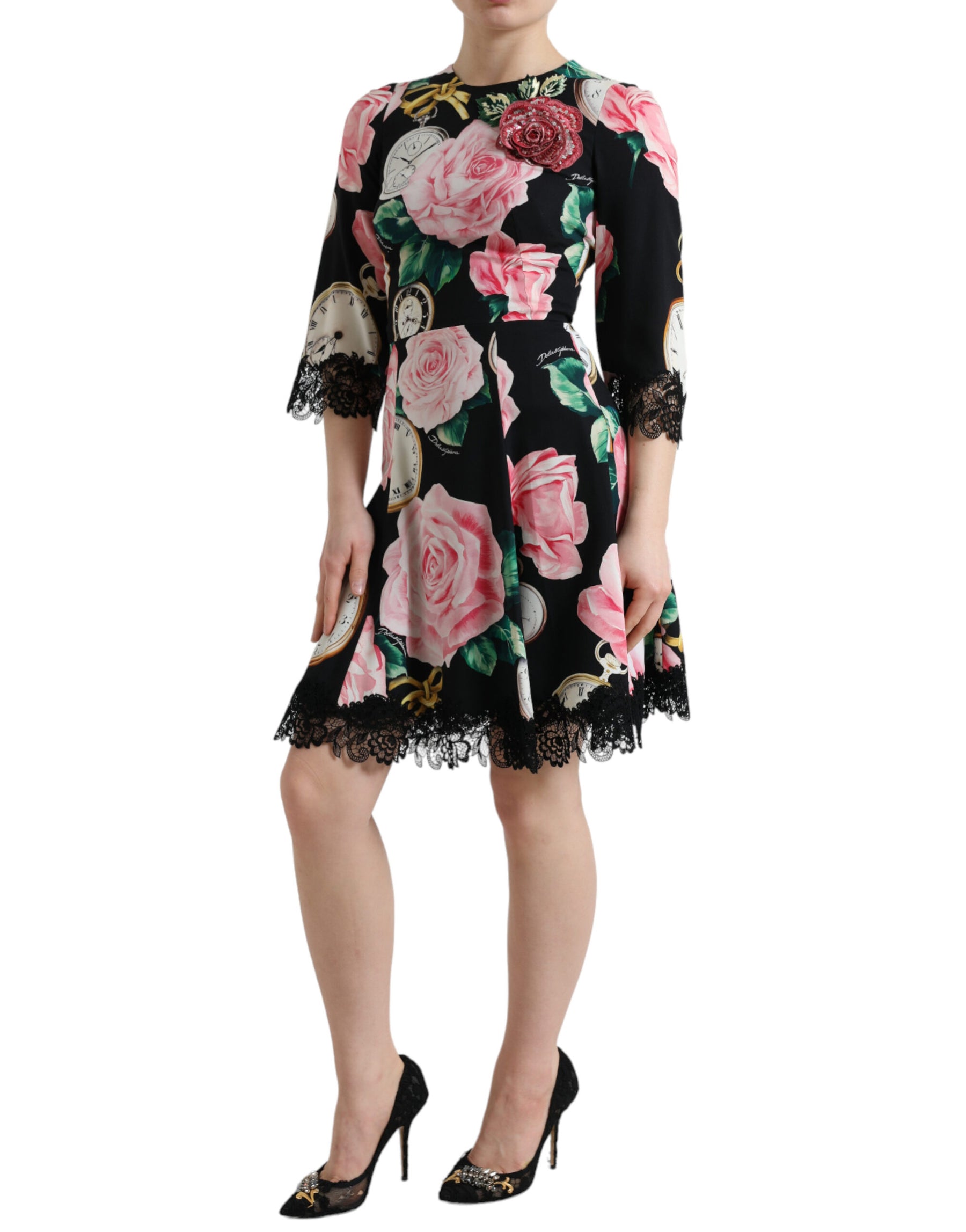 Dolce & Gabbana Black Floral Embellished Lace A-line Dress | Regal Royce
