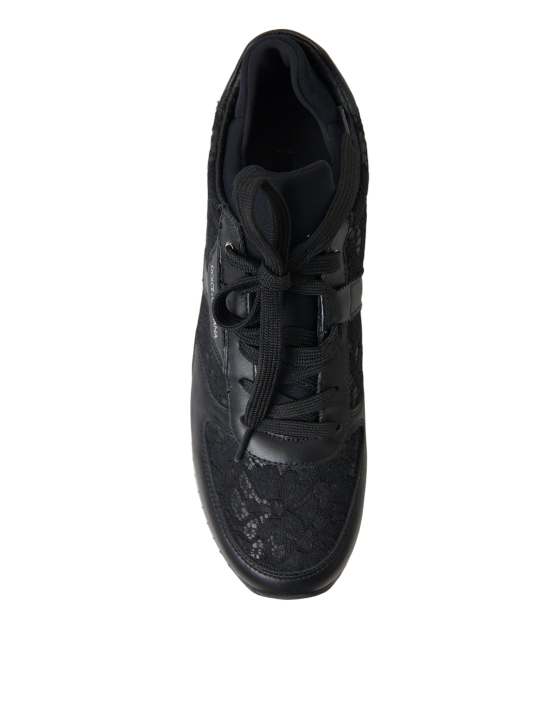 Dolce & Gabbana Black Floral Lace Leather Sneakers Shoes | Regal Royce