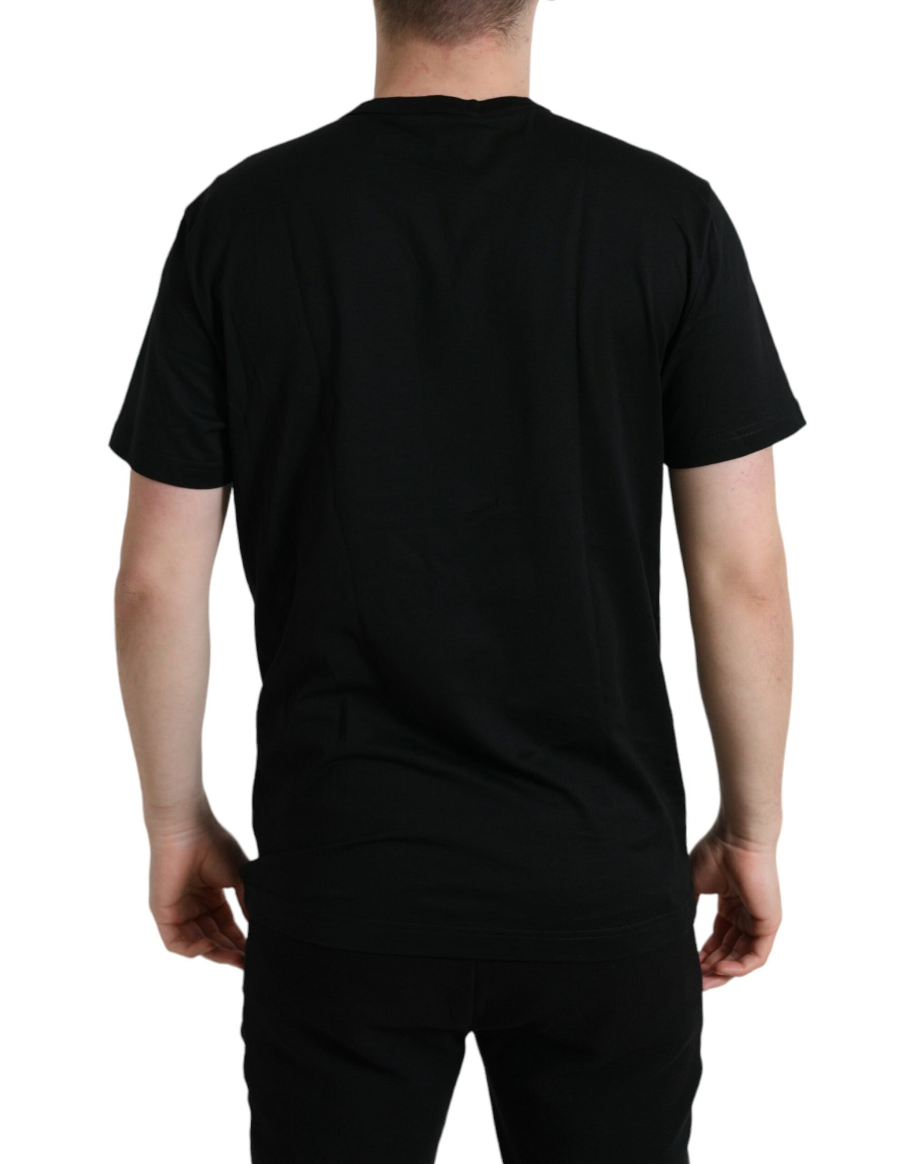 Dolce & Gabbana Black Cotton Dog Tag Round Neck T-shirt | Regal Royce
