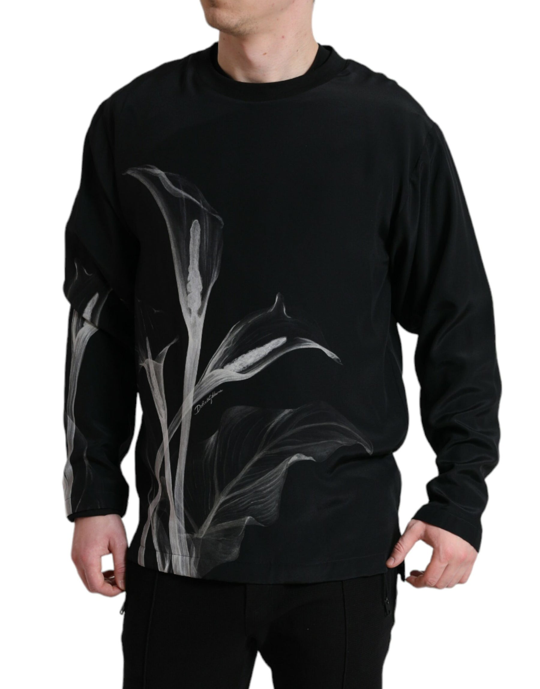 Dolce & Gabbana Black Floral Print Crewneck Pullover Sweater | Regal Royce