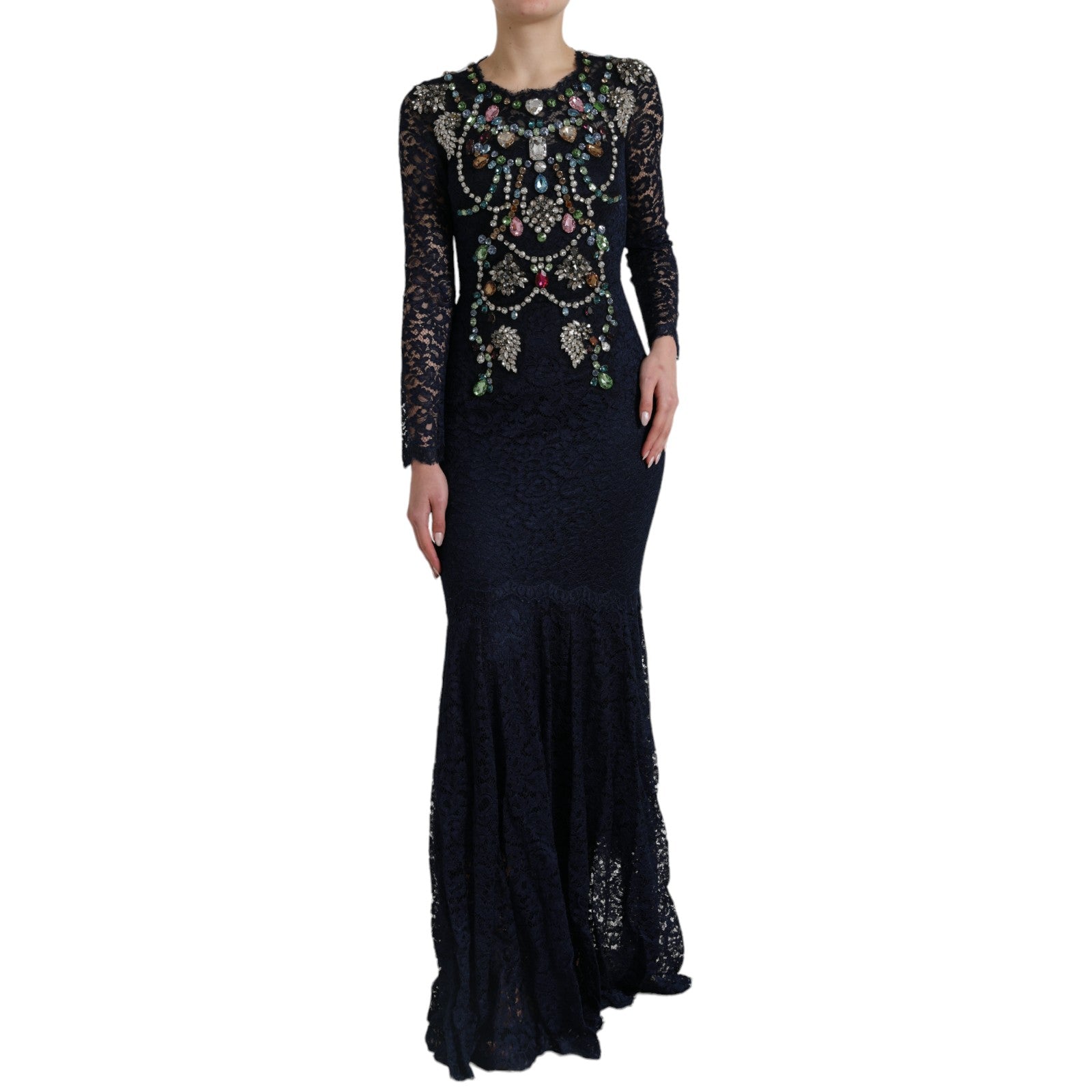 Dolce & Gabbana Blue Crystal Floral Lace Long Gown Dress | Regal Royce