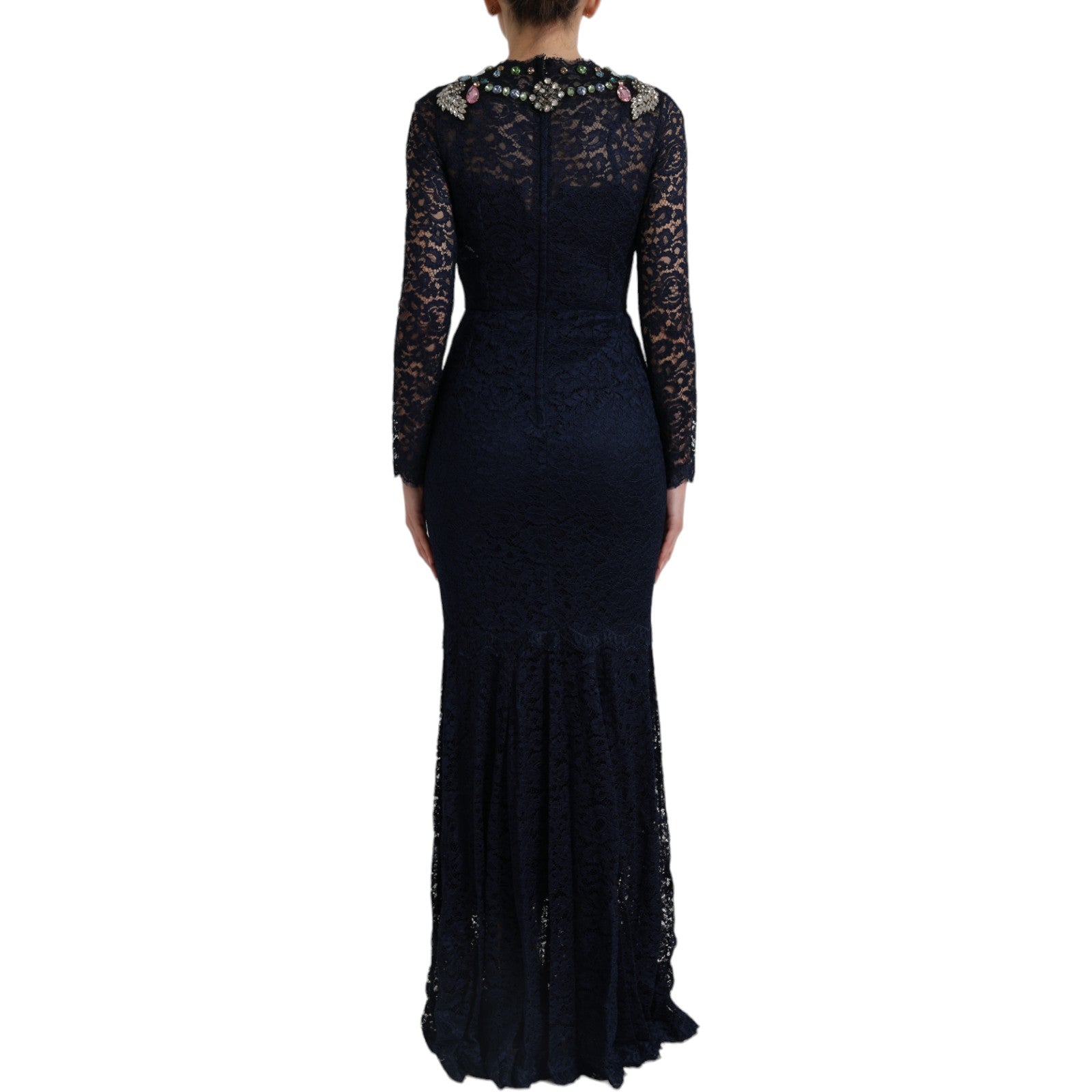 Dolce & Gabbana Blue Crystal Floral Lace Long Gown Dress | Regal Royce