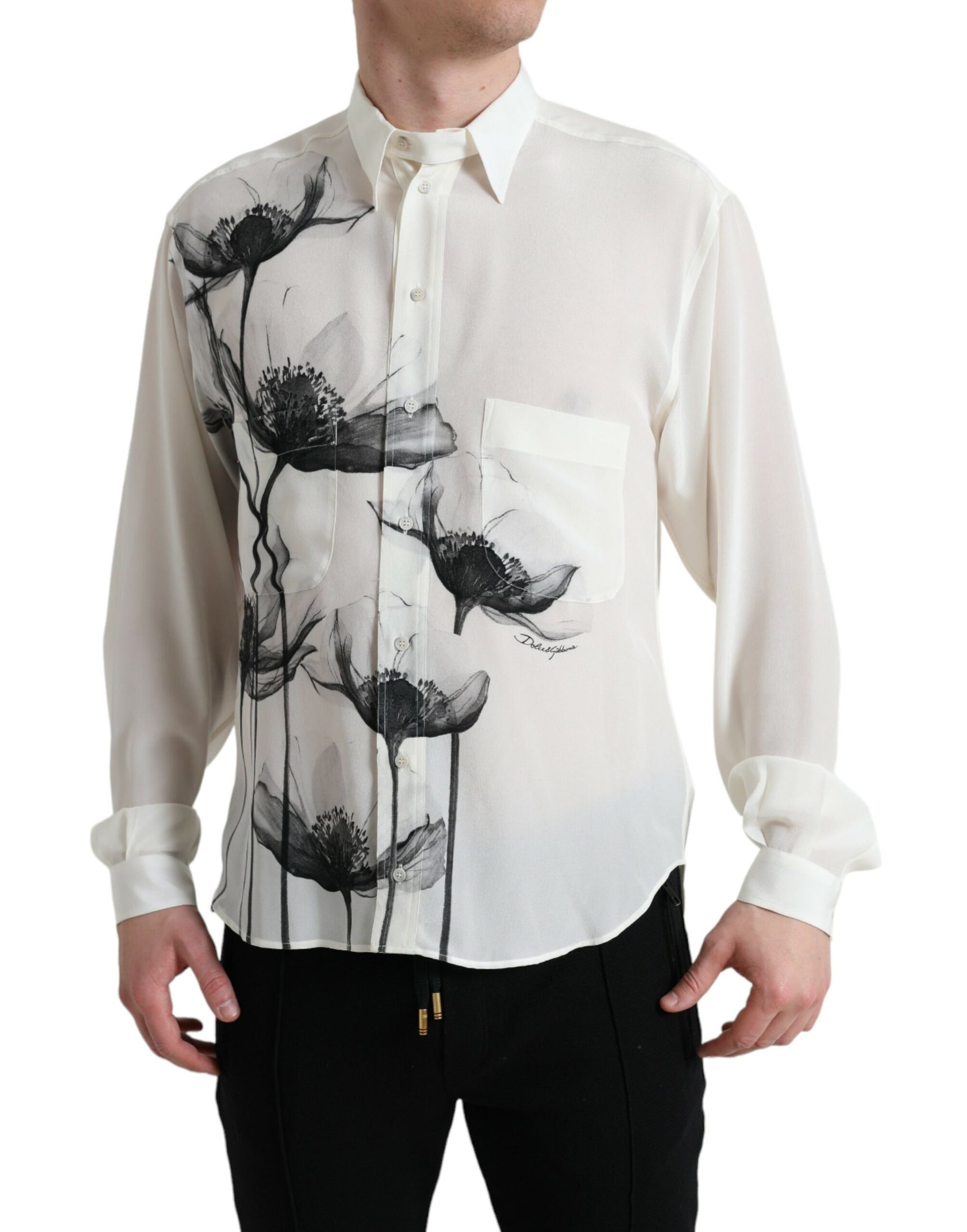 Dolce & Gabbana White Floral Collared Dress Silk Shirt | Regal Royce