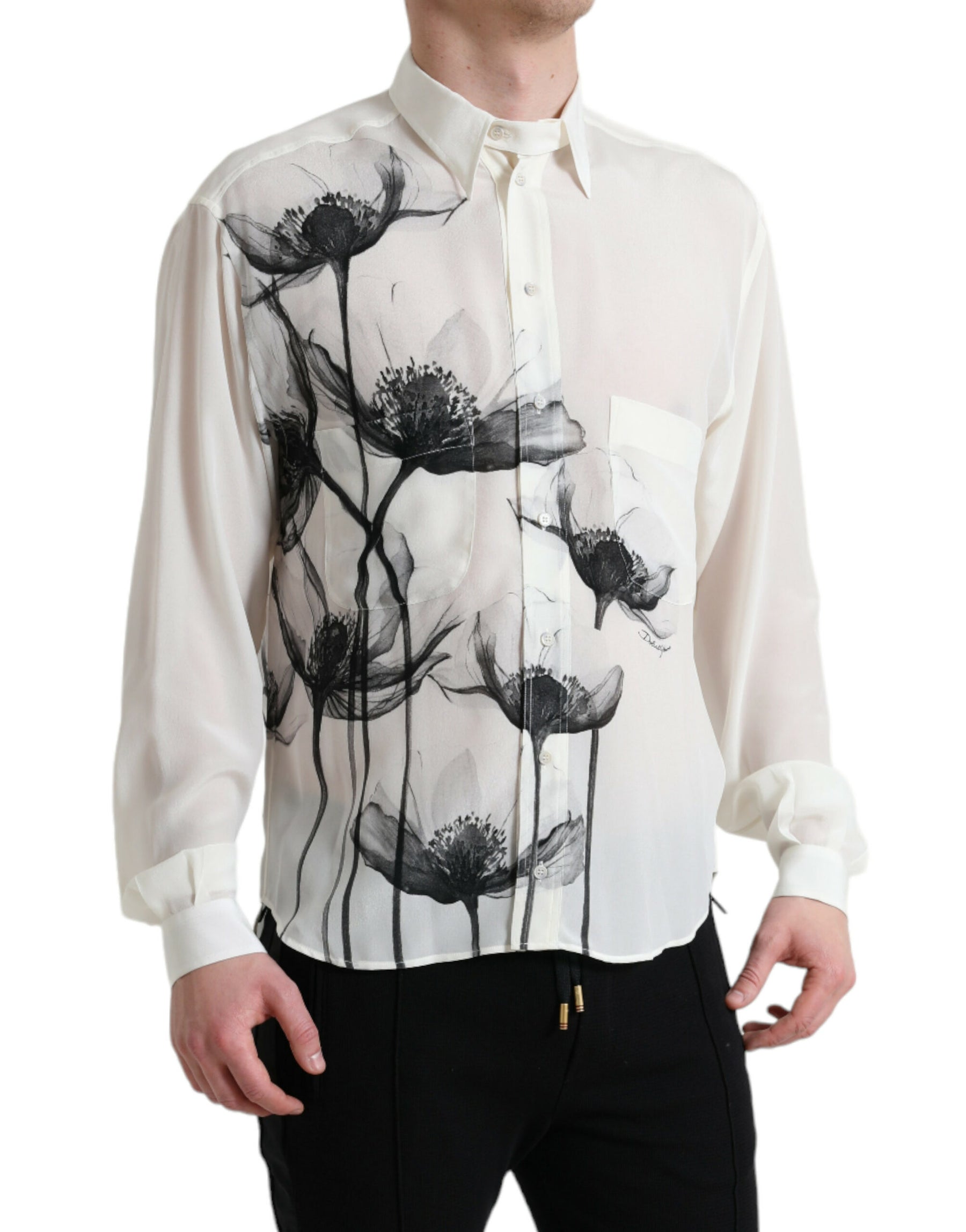 Dolce & Gabbana White Floral Collared Dress Silk Shirt | Regal Royce