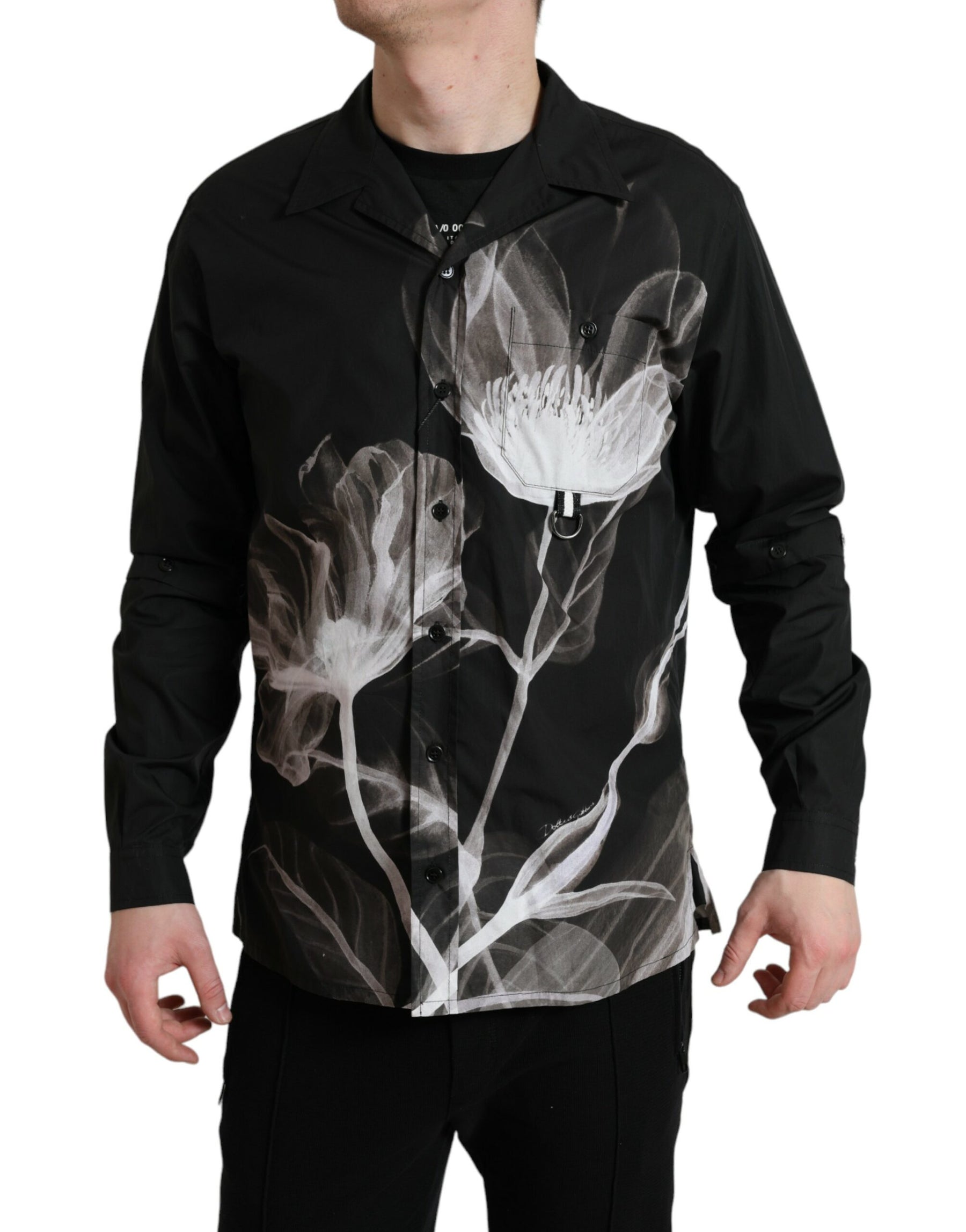 Dolce & Gabbana Black Floral Cotton Collared Long Sleeves Men Shirt | Regal Royce