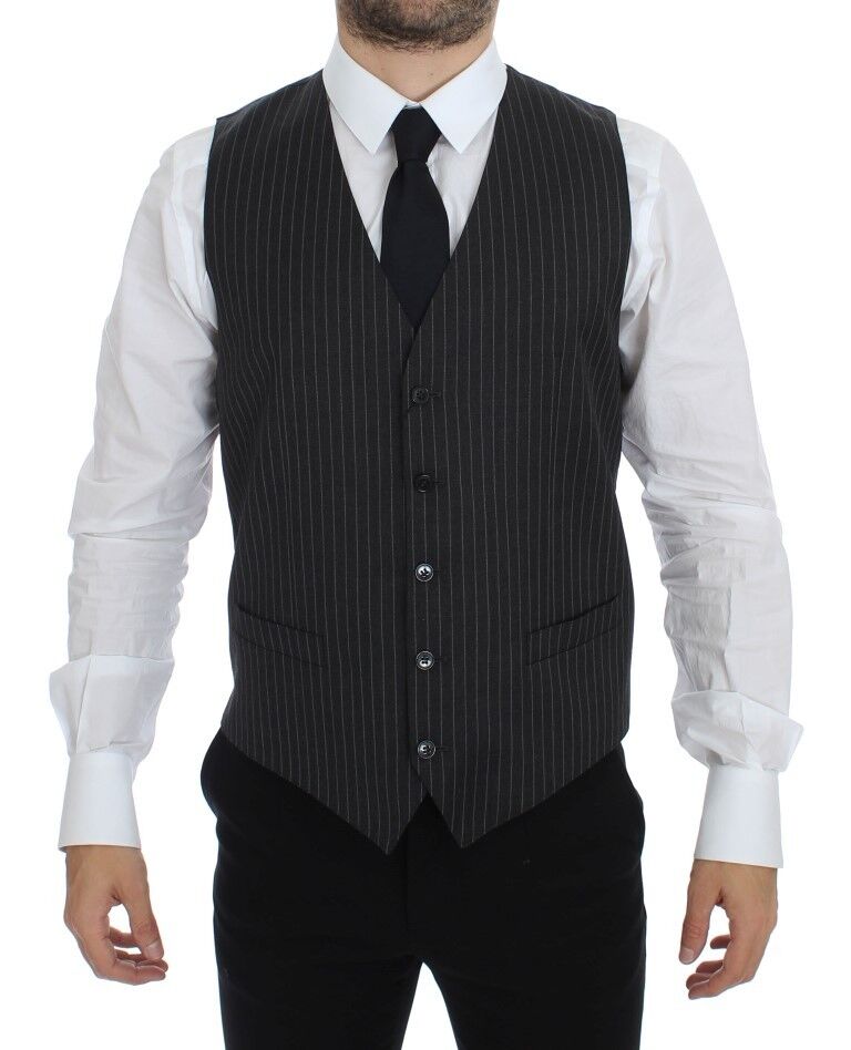 Dolce & Gabbana Gray Striped Wool Single Breasted Vest | Regal Royce