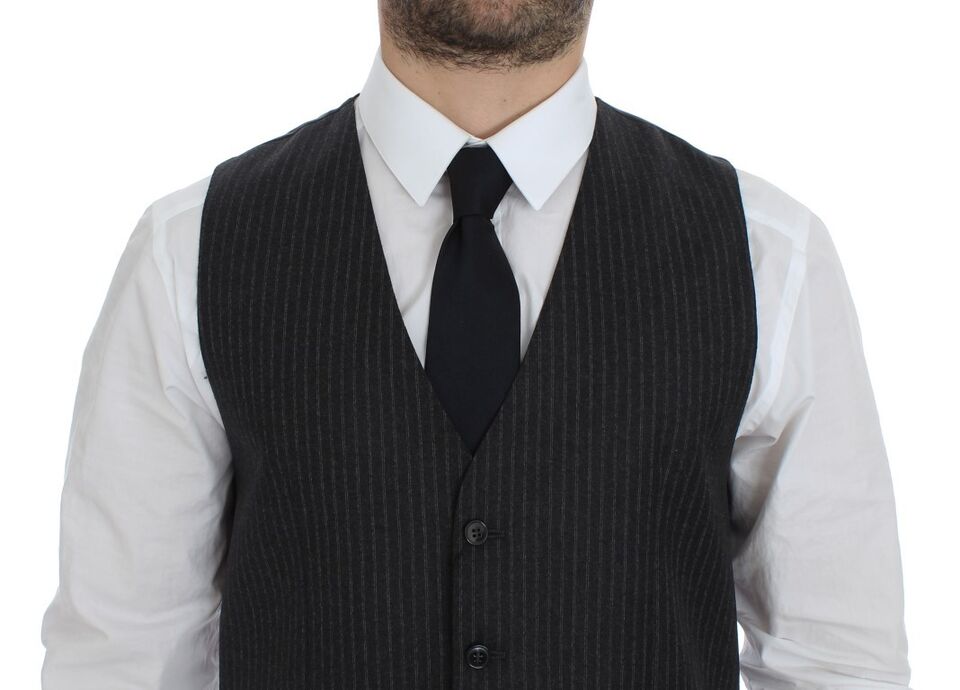 Dolce & Gabbana Gray Striped Wool Single Breasted Vest | Regal Royce