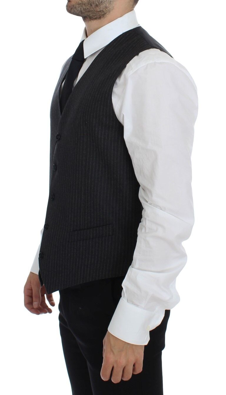 Dolce & Gabbana Gray Striped Wool Single Breasted Vest | Regal Royce