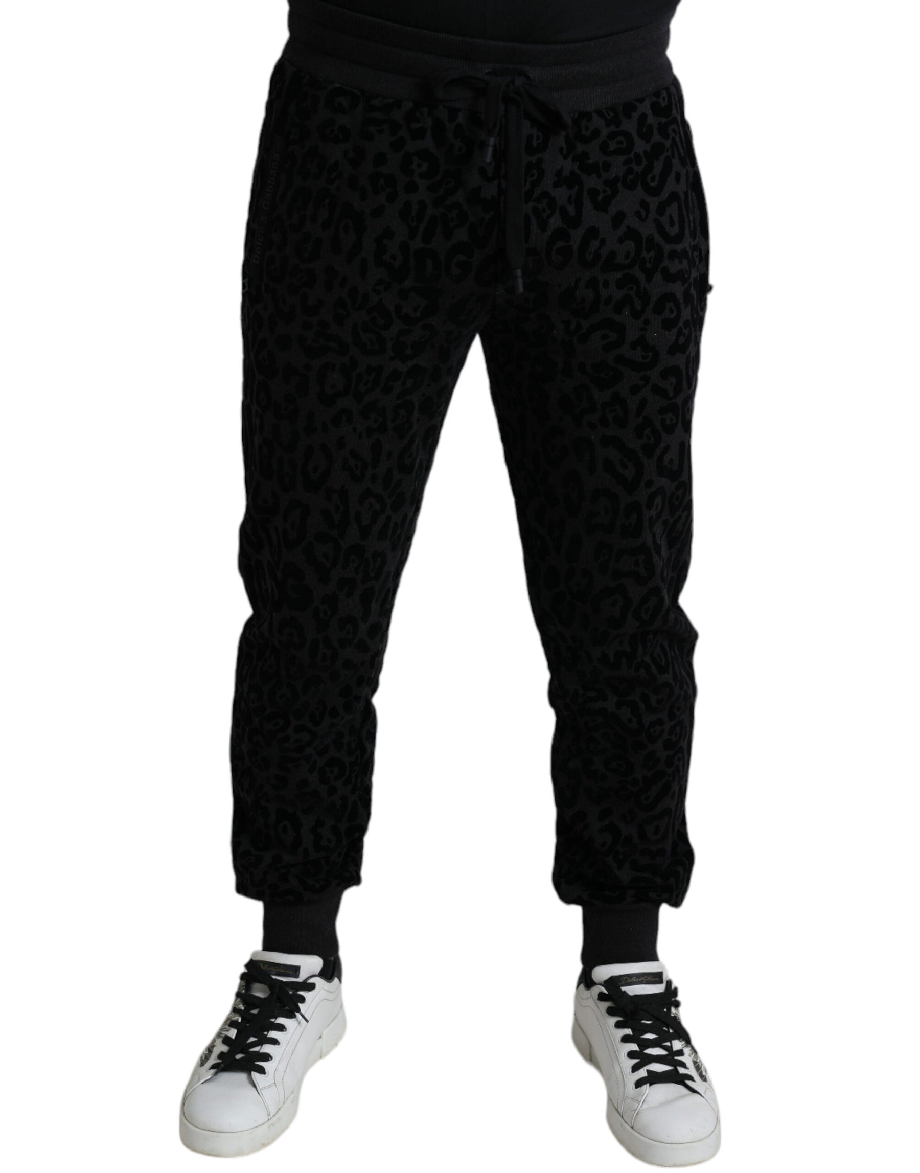 Dolce & Gabbana Black Leopard Cotton Slim Fit Jogger Pants | Regal Royce