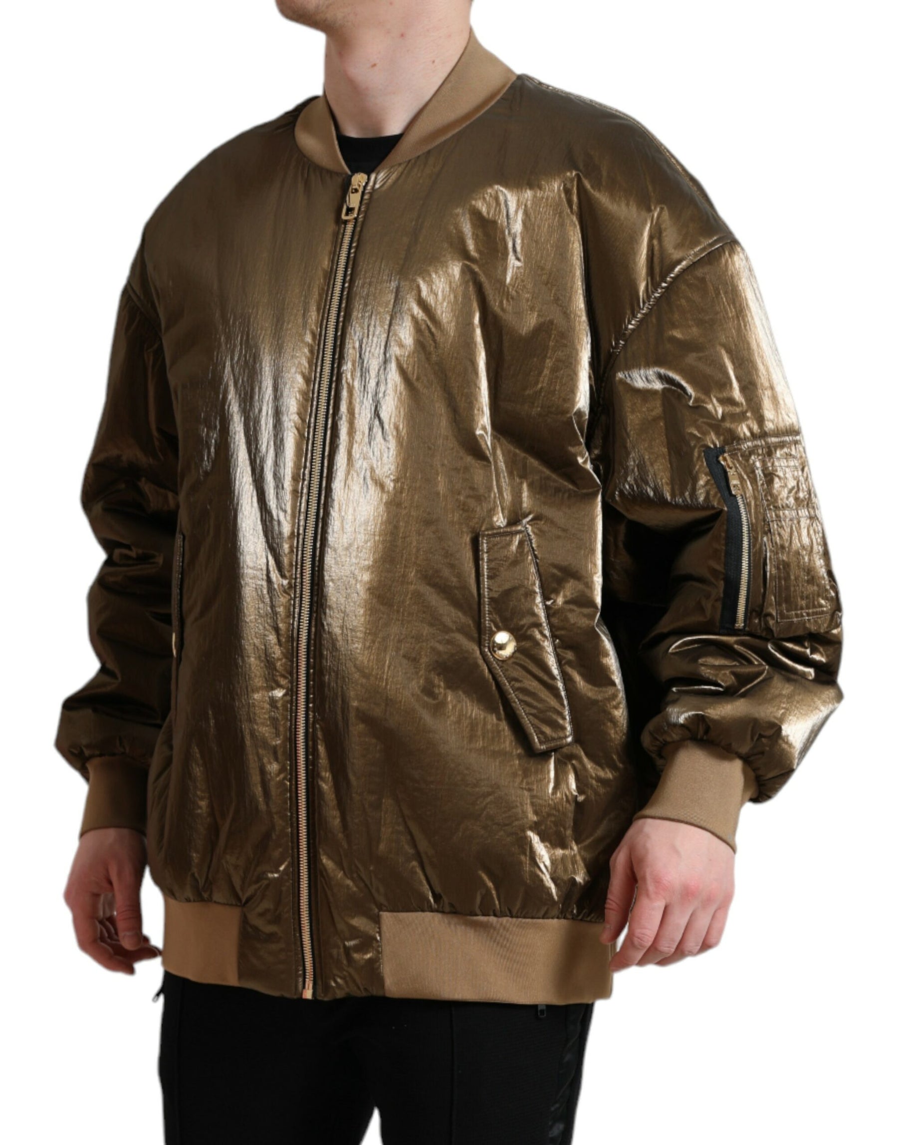 Dolce & Gabbana Bronze Nylon Full Zip Men Bomber Jacket | Regal Royce