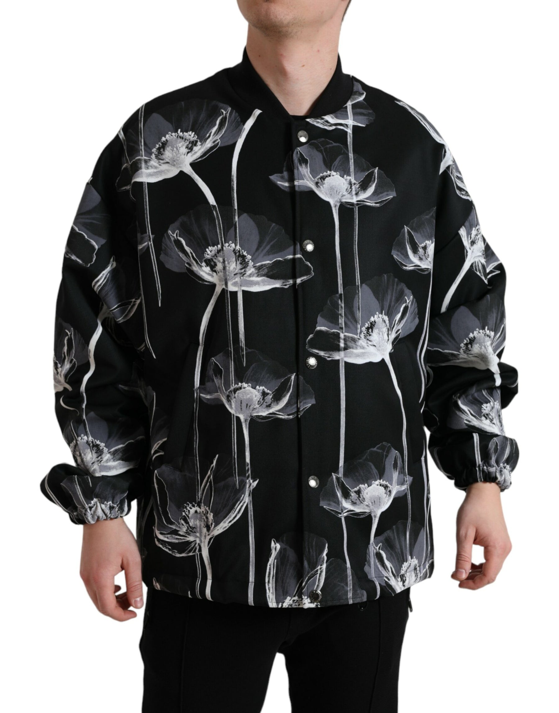 Dolce & Gabbana Black Floral Print Wool Button Down Bomber Jacket | Regal Royce