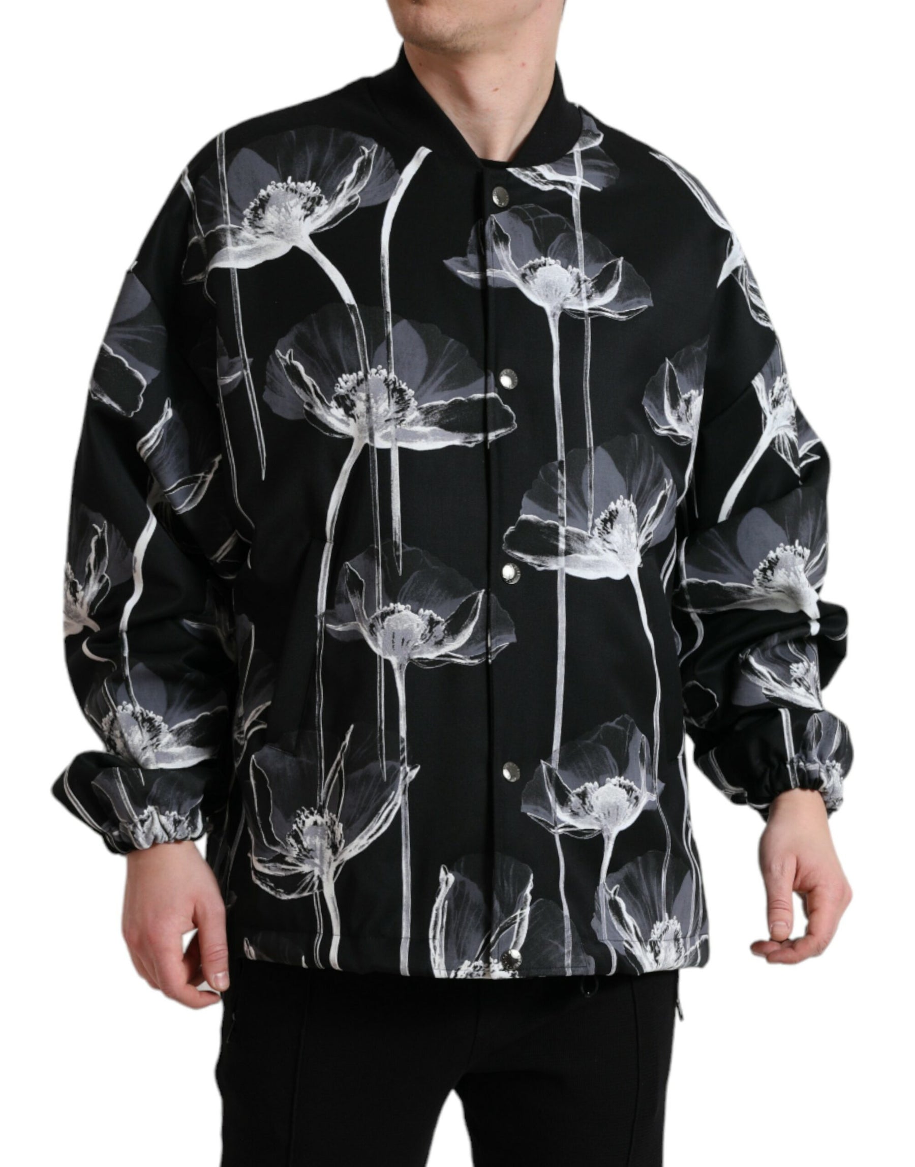 Dolce & Gabbana Black Floral Print Wool Button Down Bomber Jacket | Regal Royce