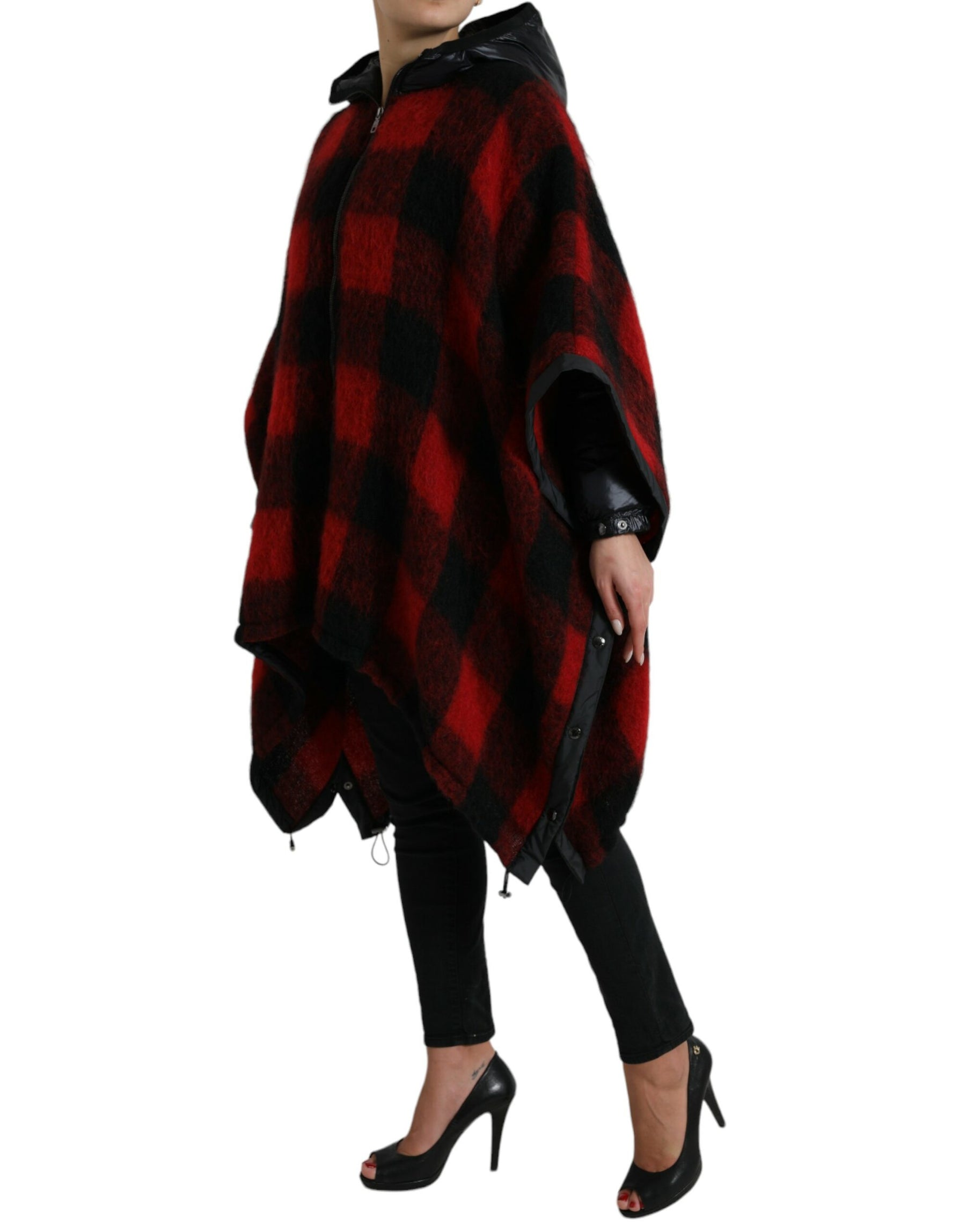 Dolce & Gabbana Black Red Buffalo Check Hooded Poncho Jacket | Regal Royce