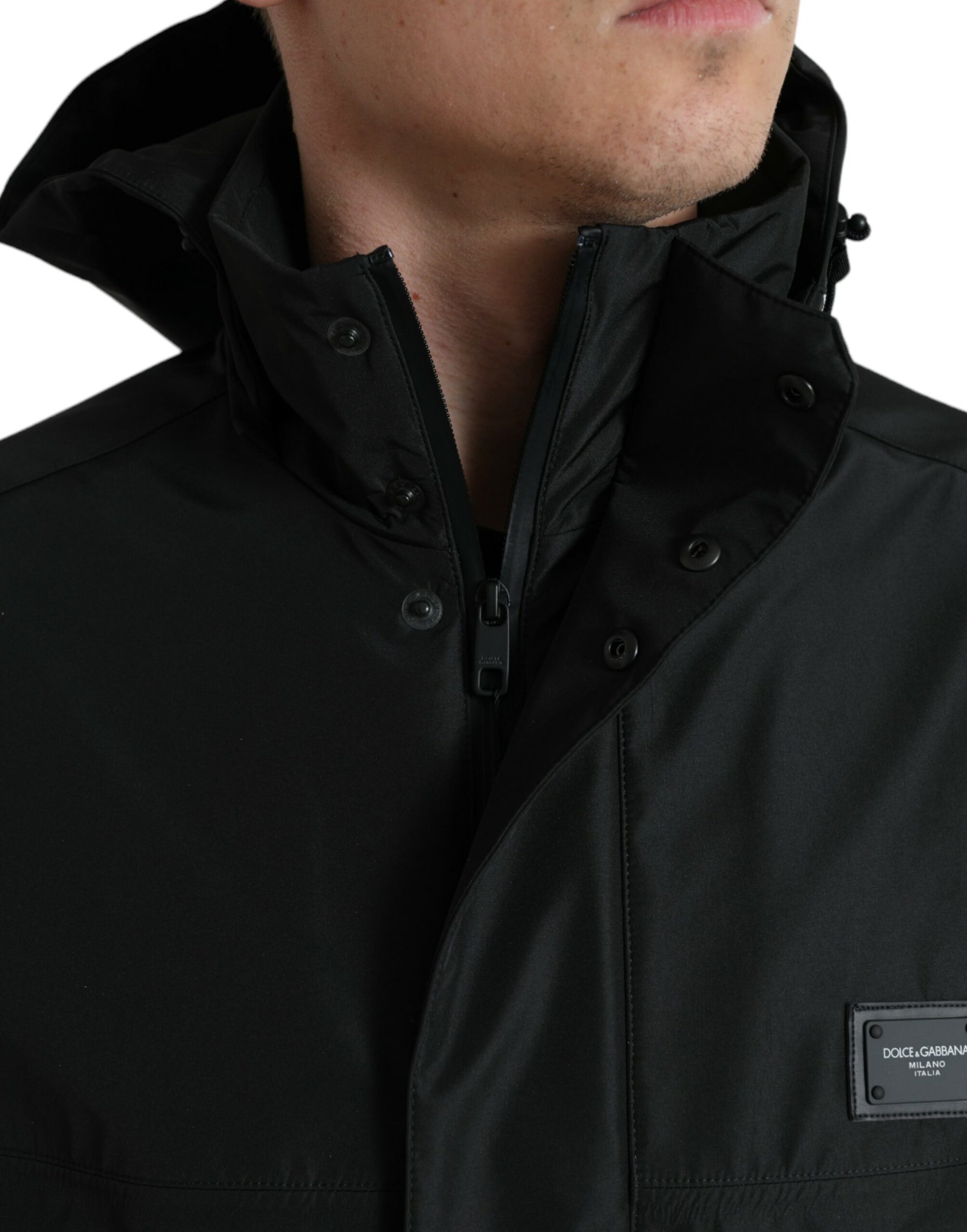 Dolce & Gabbana Black Polyester Logo Plaque Hooded Jacket | Regal Royce