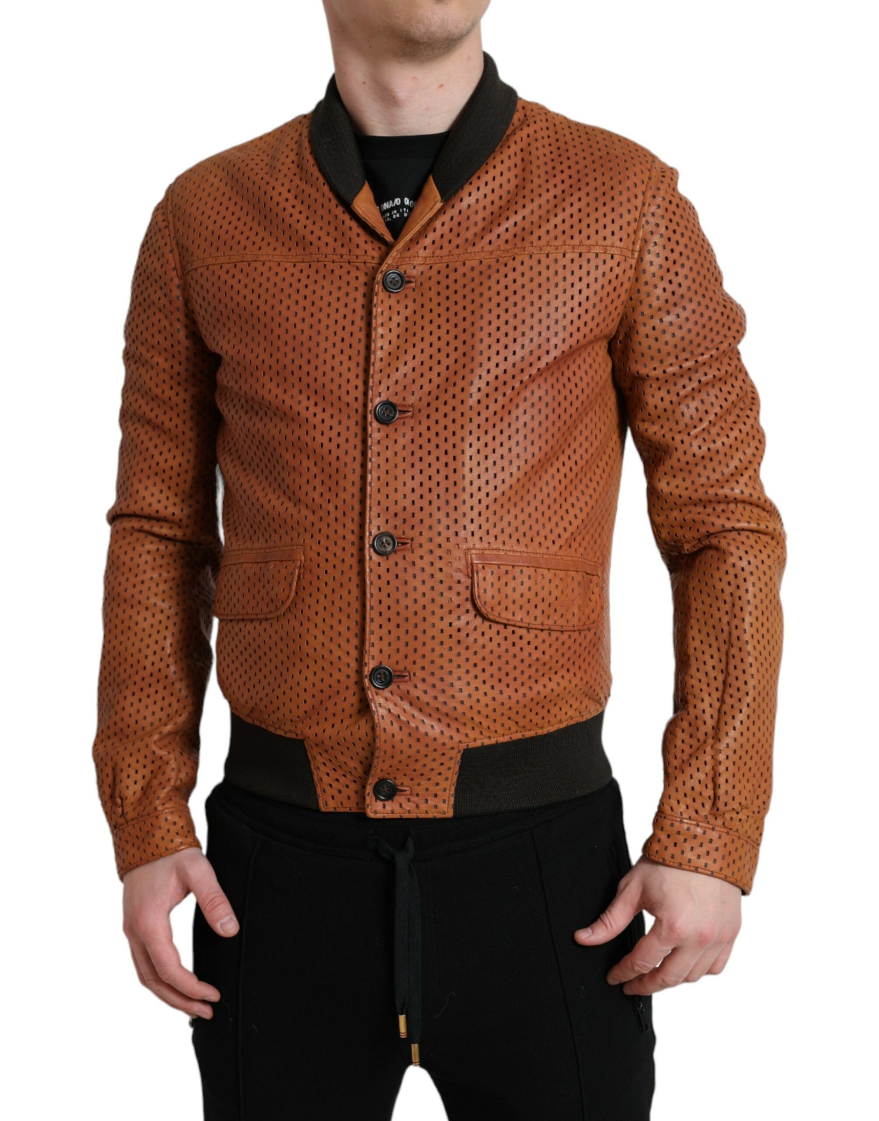 Dolce & Gabbana Brown Lambskin Leather Perforated Jacket | Regal Royce