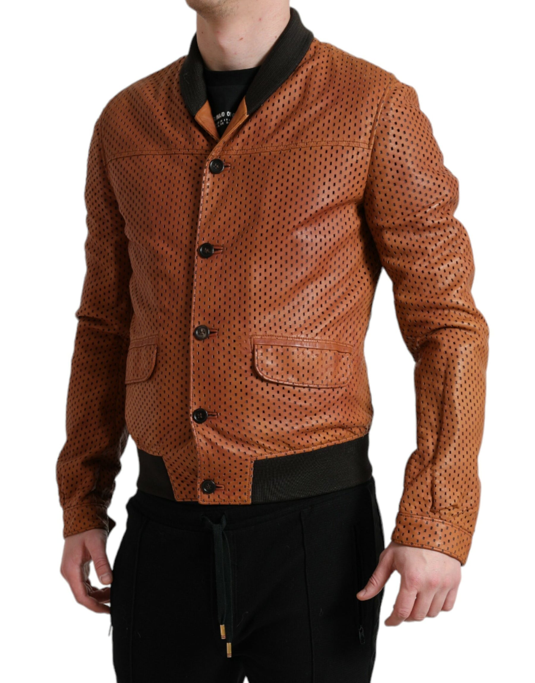 Dolce & Gabbana Brown Lambskin Leather Perforated Jacket | Regal Royce